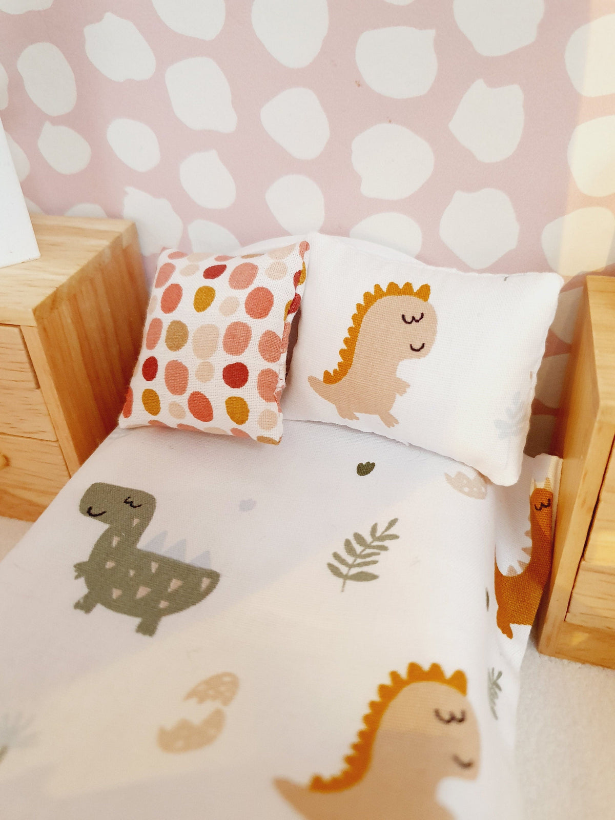 Dolls House Junior Bedding Set – Cute Dinosaur Theme, Handmade in England, 1:12 Scale