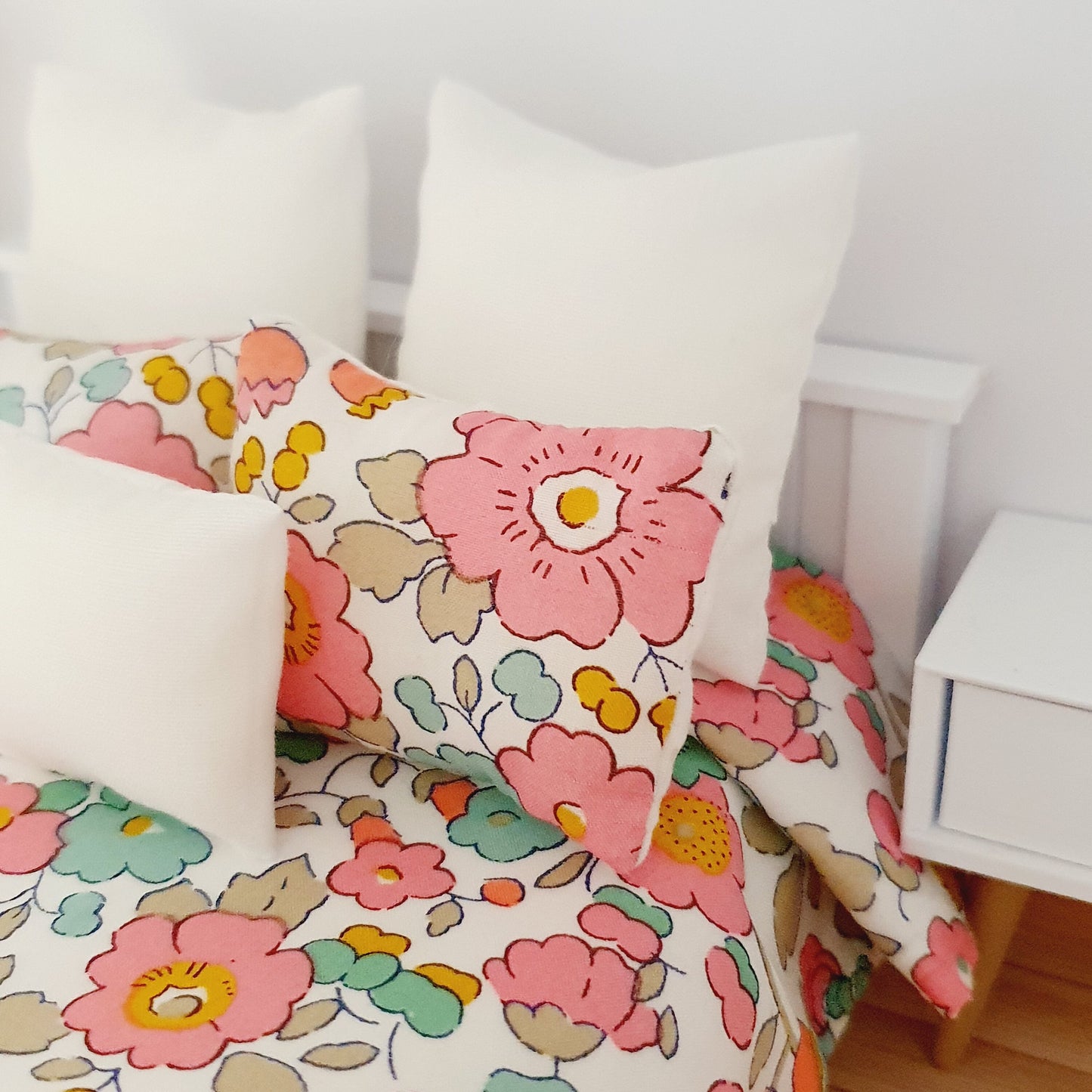 Dolls house 6 piece set, Double bedding, Liberty Betsy Light Pink floral print, 12th scale bedding, miniature bed set