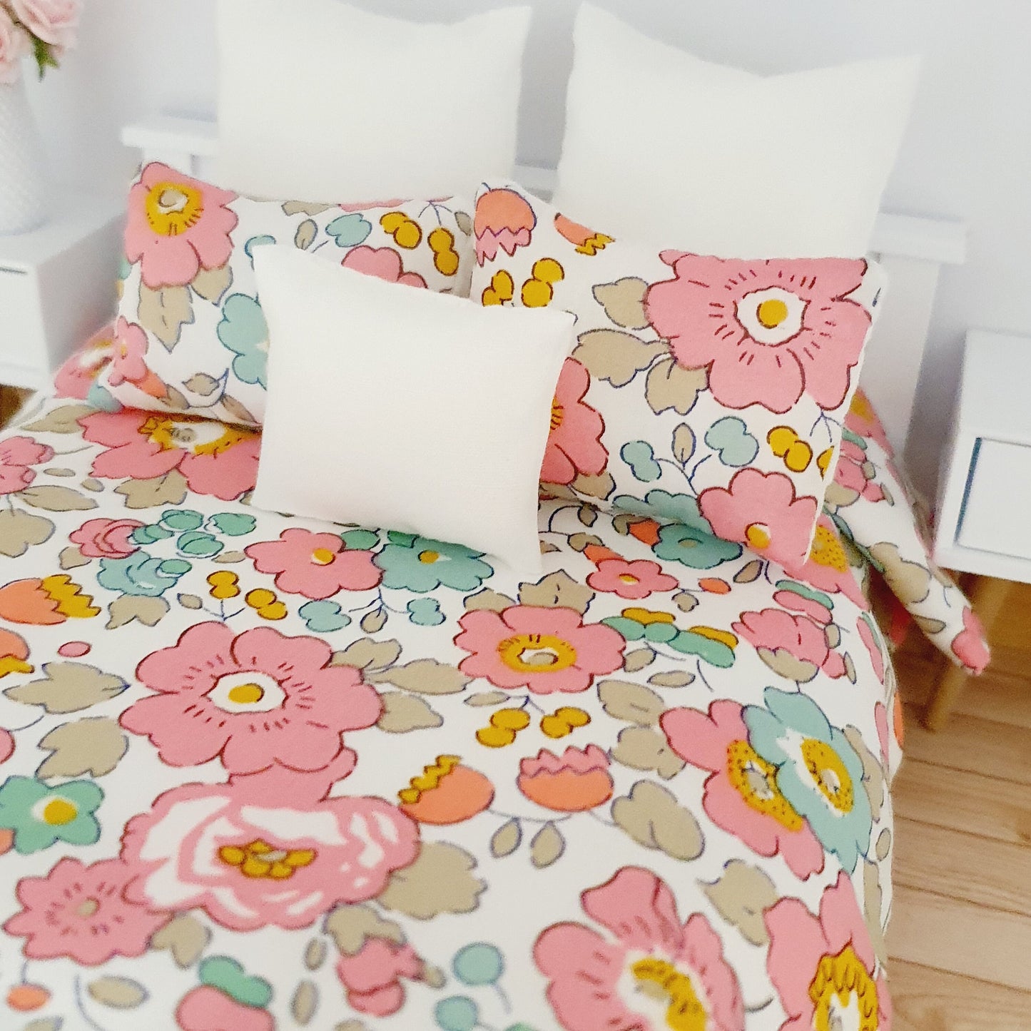 Dolls house 6 piece set, Double bedding, Liberty Betsy Light Pink floral print, 12th scale bedding, miniature bed set