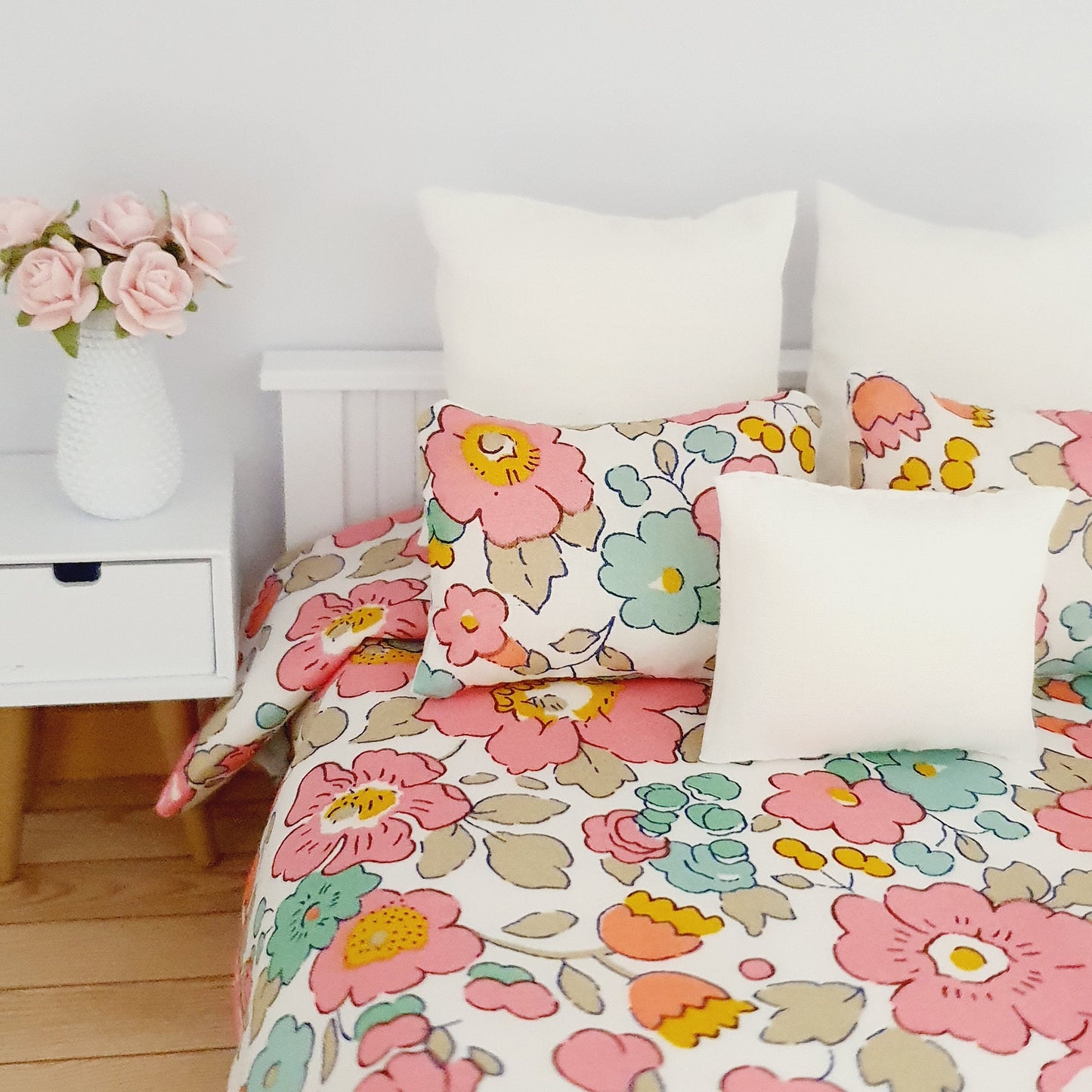 Dolls house 6 piece set, Double bedding, Liberty Betsy Light Pink floral print, 12th scale bedding, miniature bed set
