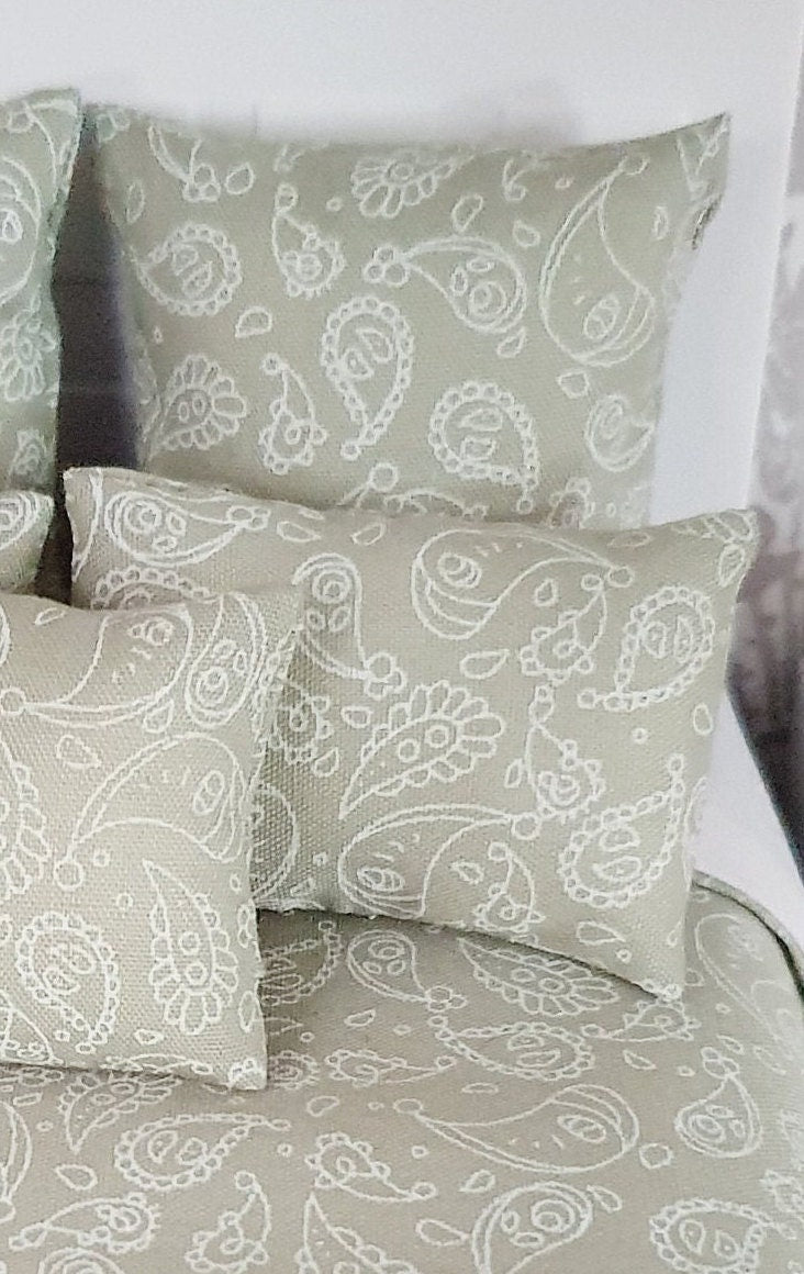 Dolls house Green Floral double bedding set, 6 piece set, 12th scale, miniature bedding