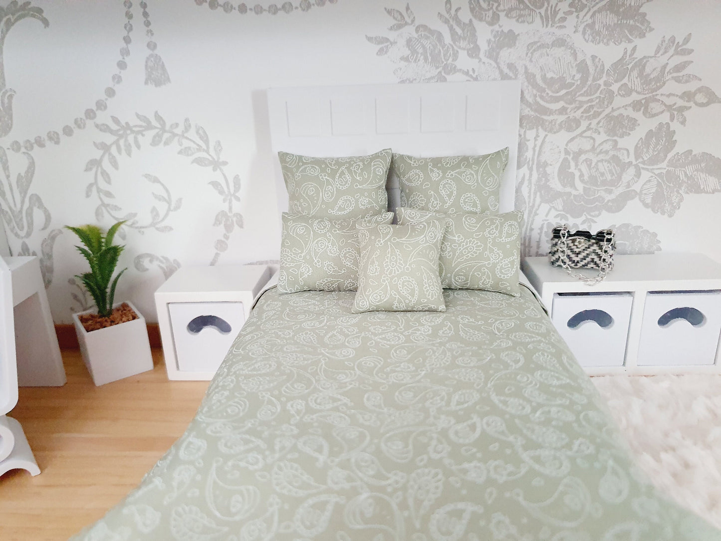 Dolls house Green Floral double bedding set, 6 piece set, 12th scale, miniature bedding