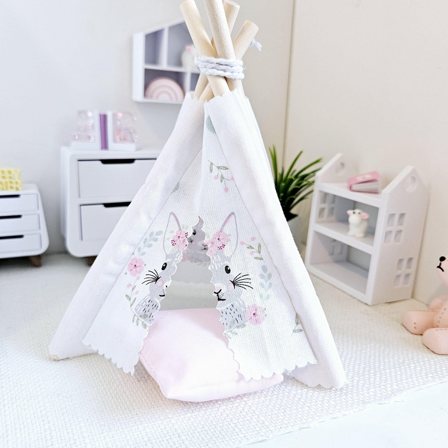 Dolls house Cute Easter Bunny TeePee | Tent & Floor cushion, 12th scale tent, miniature teepee, Tipi, Tent