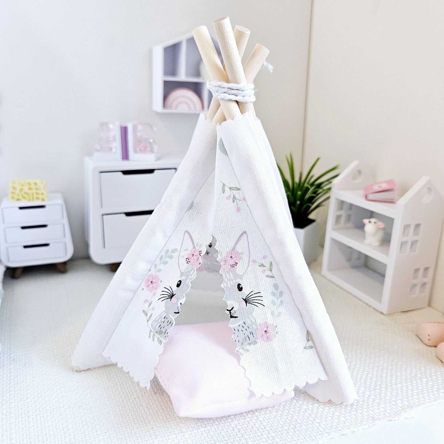 Dolls house Cute Easter Bunny TeePee | Tent & Floor cushion, 12th scale tent, miniature teepee, Tipi, Tent