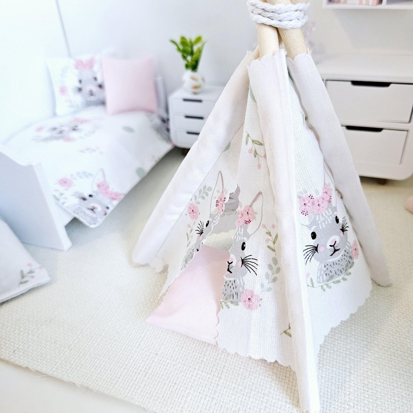 Dolls house Cute Easter Bunny TeePee | Tent & Floor cushion, 12th scale tent, miniature teepee, Tipi, Tent