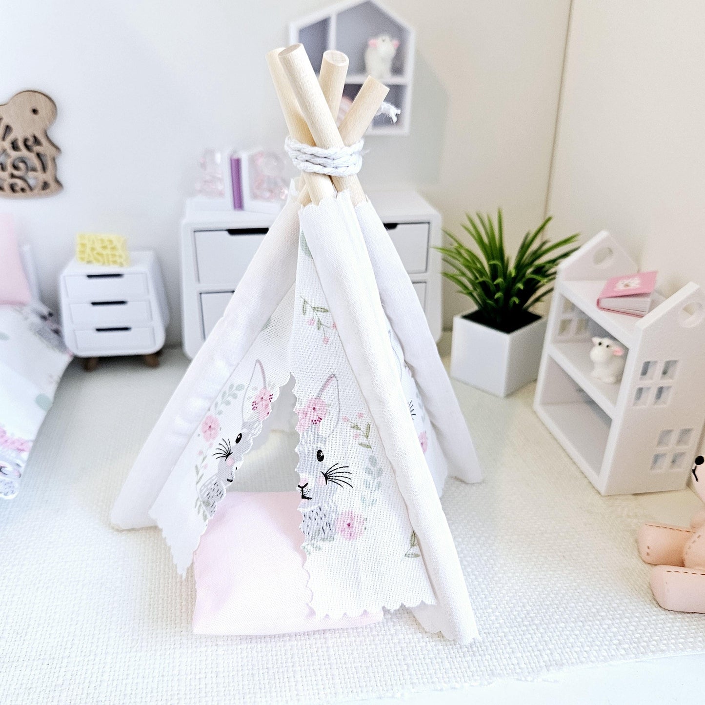 Dolls house Cute Easter Bunny TeePee | Tent & Floor cushion, 12th scale tent, miniature teepee, Tipi, Tent