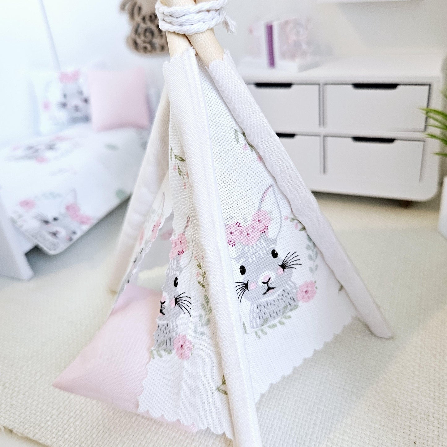 Dolls house Cute Easter Bunny TeePee | Tent & Floor cushion, 12th scale tent, miniature teepee, Tipi, Tent