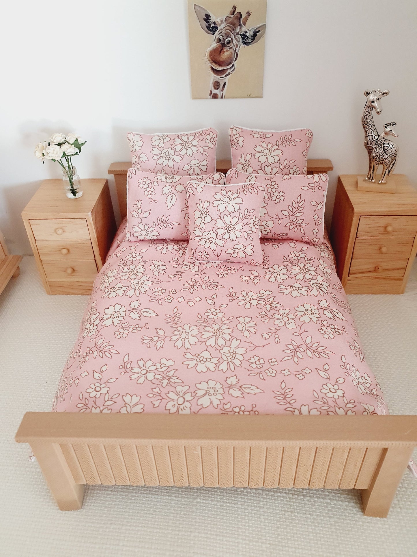 Dolls house 6 piece set, Double bedding, Liberty Pink floral print, 12th scale bedding, miniature bed set