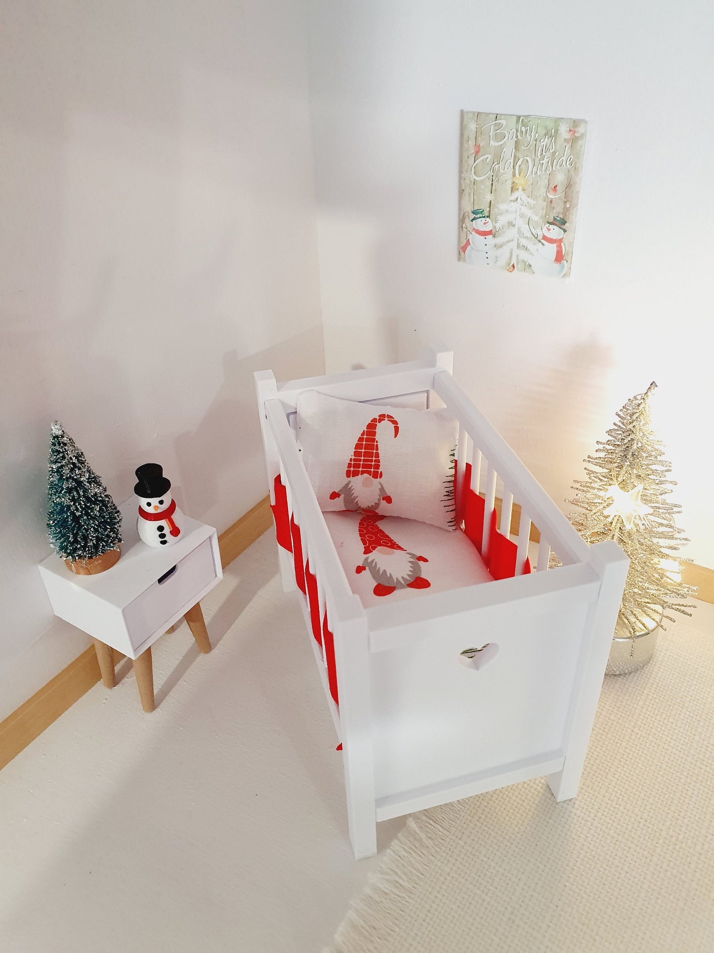 Dolls House Christmas Cot Bedding Set – Gnome Theme, Fun & Colourful, Handmade in England, 1:12 Scale