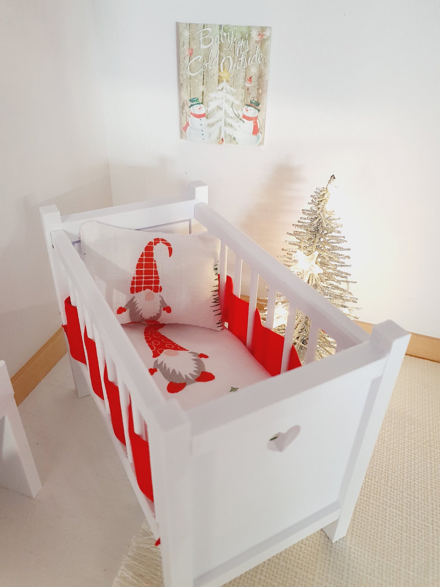 Dolls House Christmas Cot Bedding Set – Gnome Theme, Fun & Colourful, Handmade in England, 1:12 Scale