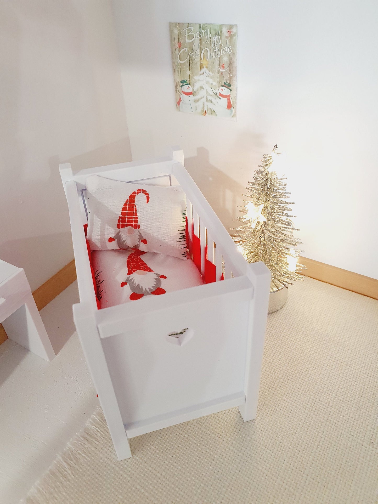 Dolls House Christmas Cot Bedding Set – Gnome Theme, Fun & Colourful, Handmade in England, 1:12 Scale