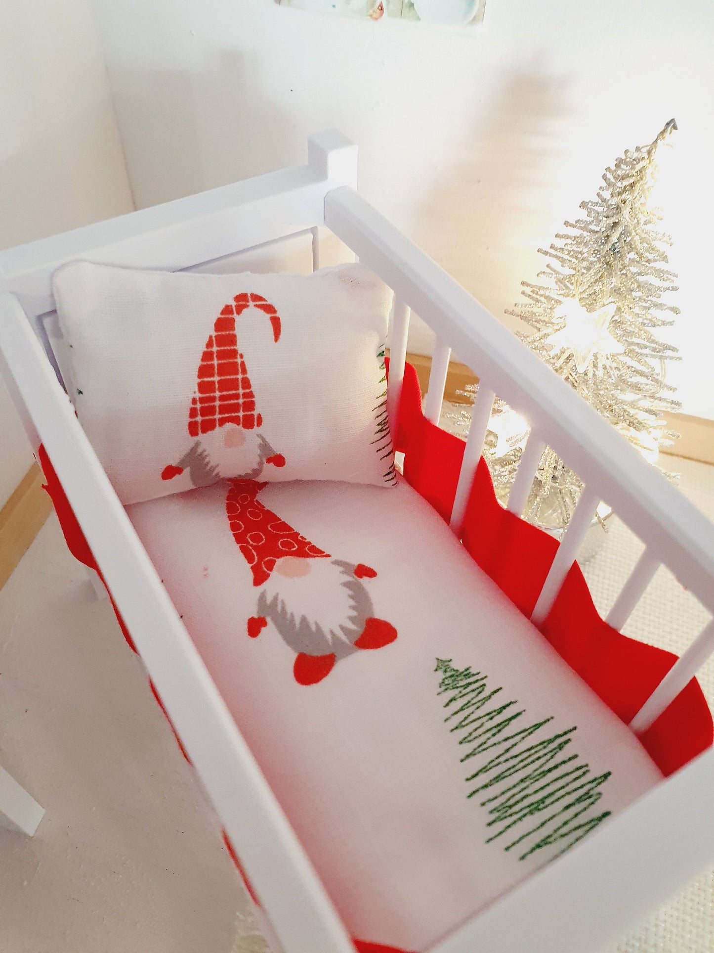 Dolls House Christmas Cot Bedding Set – Gnome Theme, Fun & Colourful, Handmade in England, 1:12 Scale