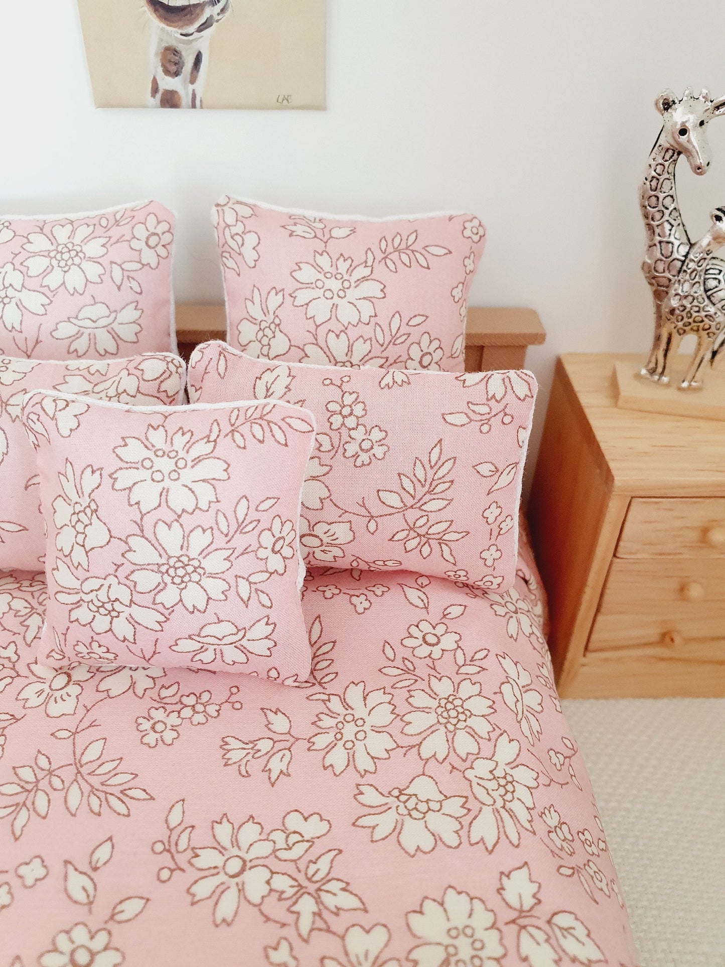 Dolls house 6 piece set, Double bedding, Liberty Pink floral print, 12th scale bedding, miniature bed set
