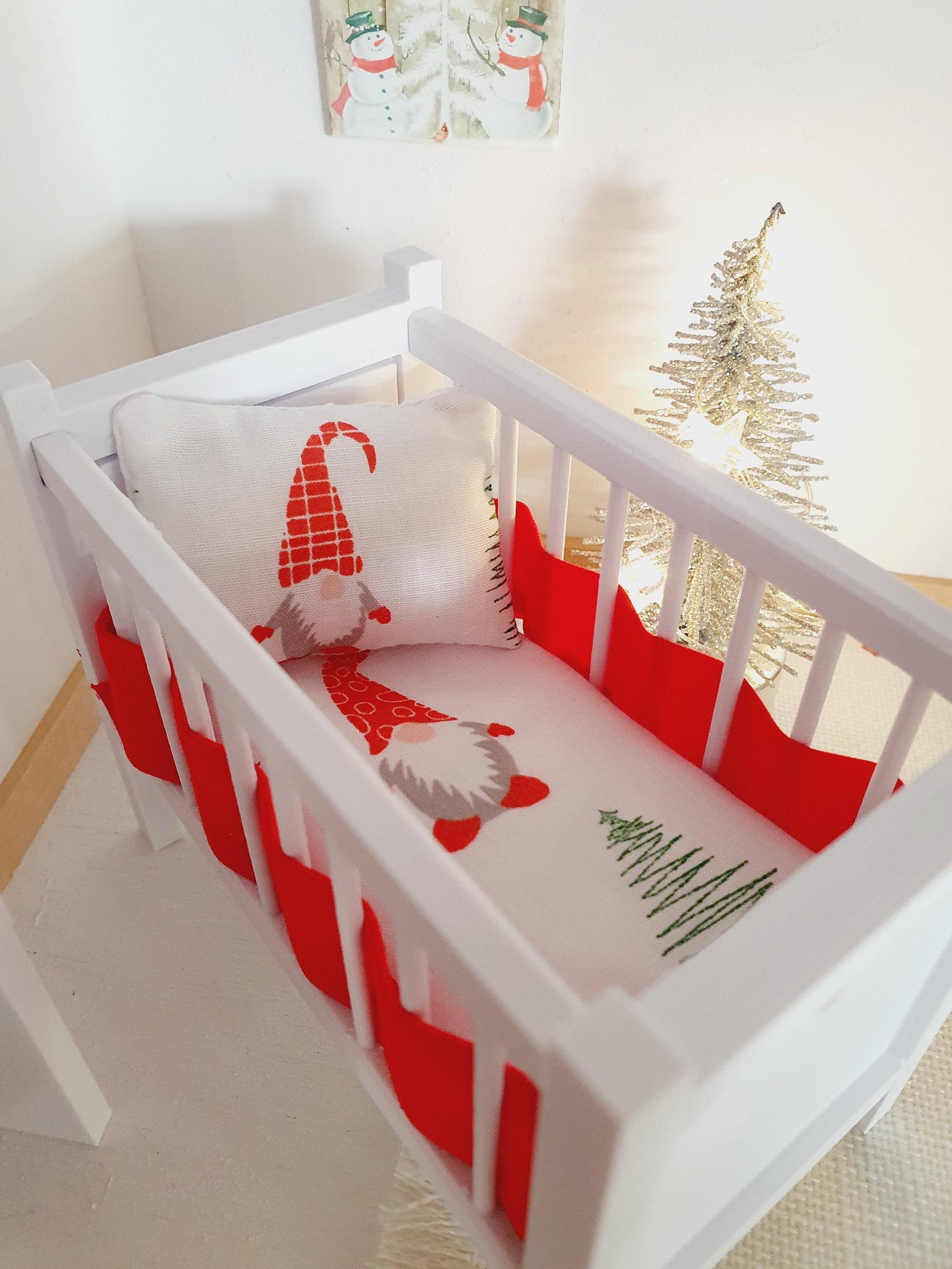 Dolls House Christmas Cot Bedding Set – Gnome Theme, Fun & Colourful, Handmade in England, 1:12 Scale