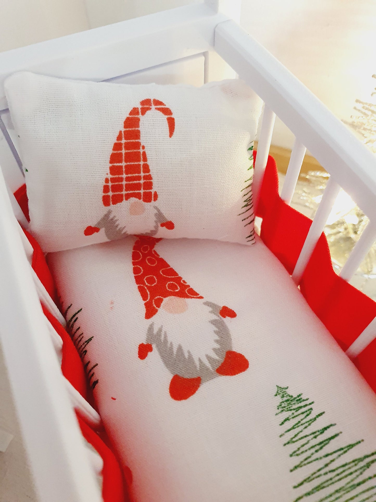 Dolls House Christmas Cot Bedding Set – Gnome Theme, Fun & Colourful, Handmade in England, 1:12 Scale
