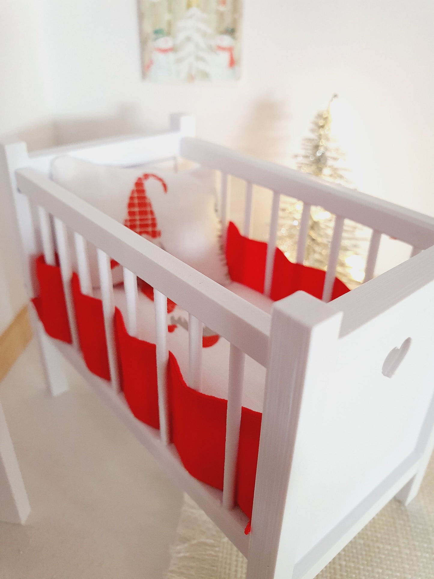 Dolls House Christmas Cot Bedding Set – Gnome Theme, Fun & Colourful, Handmade in England, 1:12 Scale