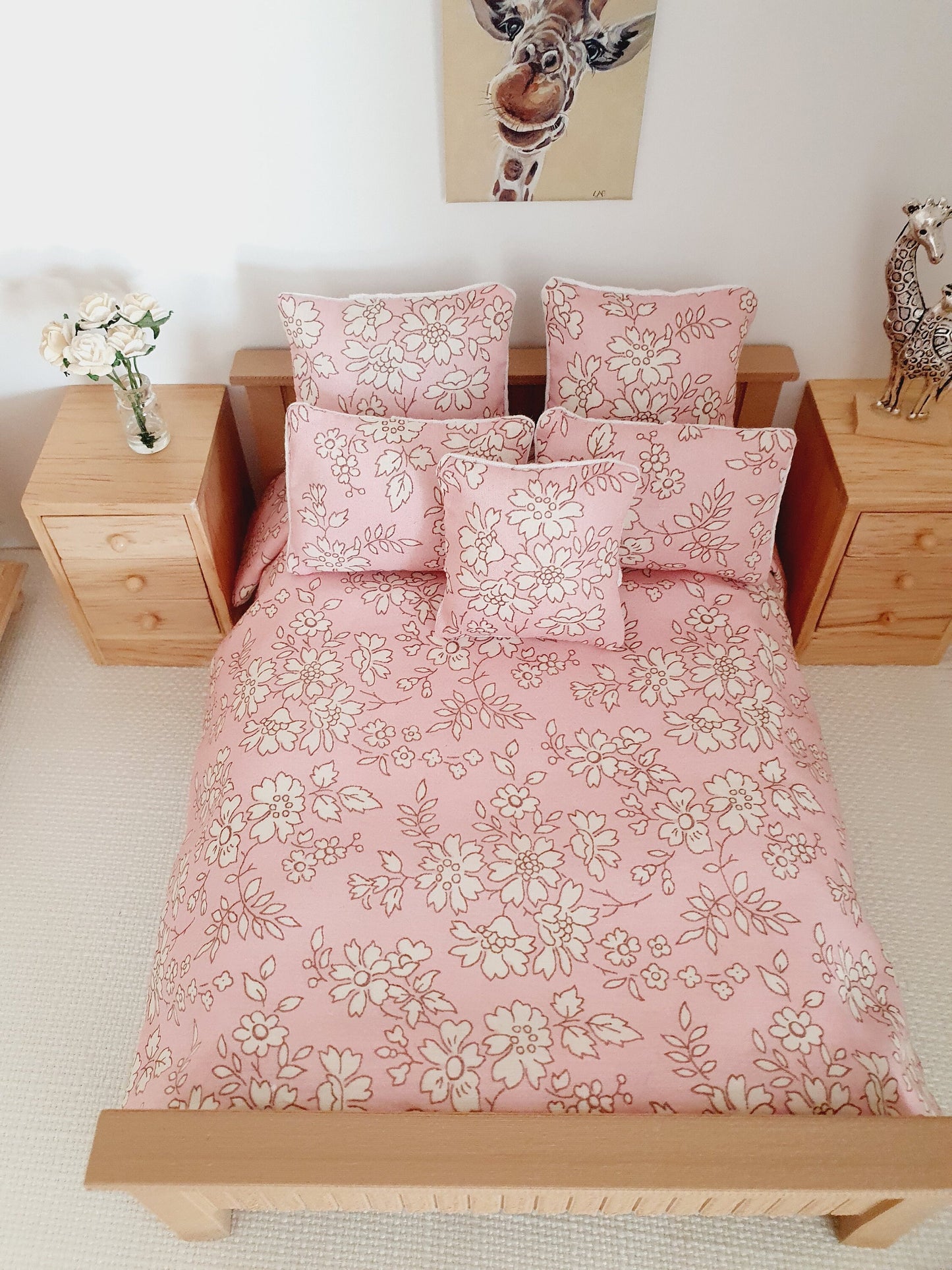 Dolls house 6 piece set, Double bedding, Liberty Pink floral print, 12th scale bedding, miniature bed set