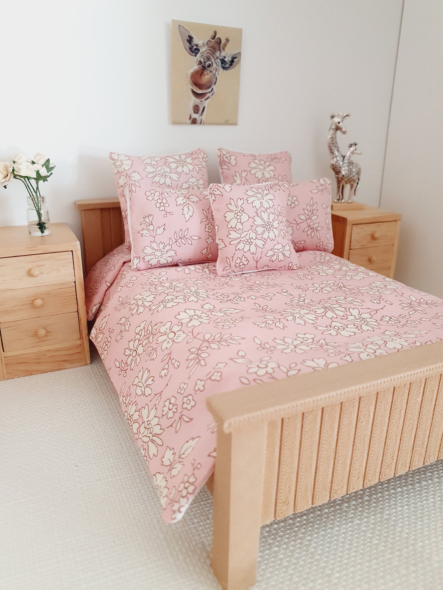 Dolls house 6 piece set, Double bedding, Liberty Pink floral print, 12th scale bedding, miniature bed set