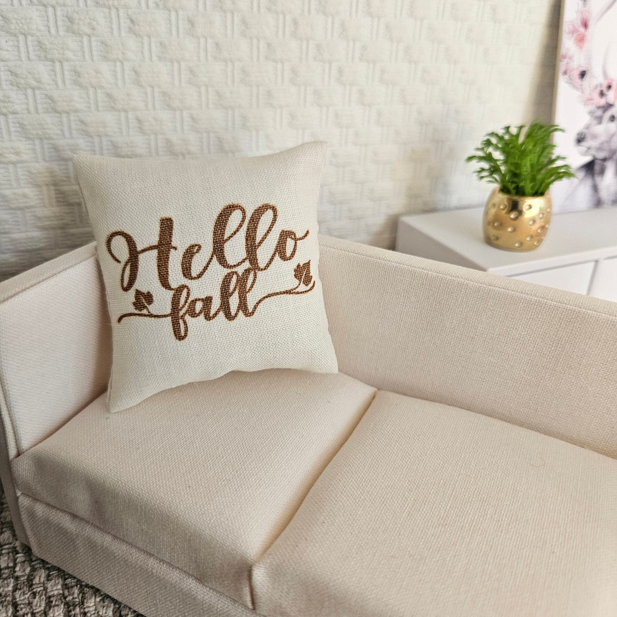Dolls house Hello Fall Quote Cushion, Cream & Gold 12th scale cushions, miniature cushions