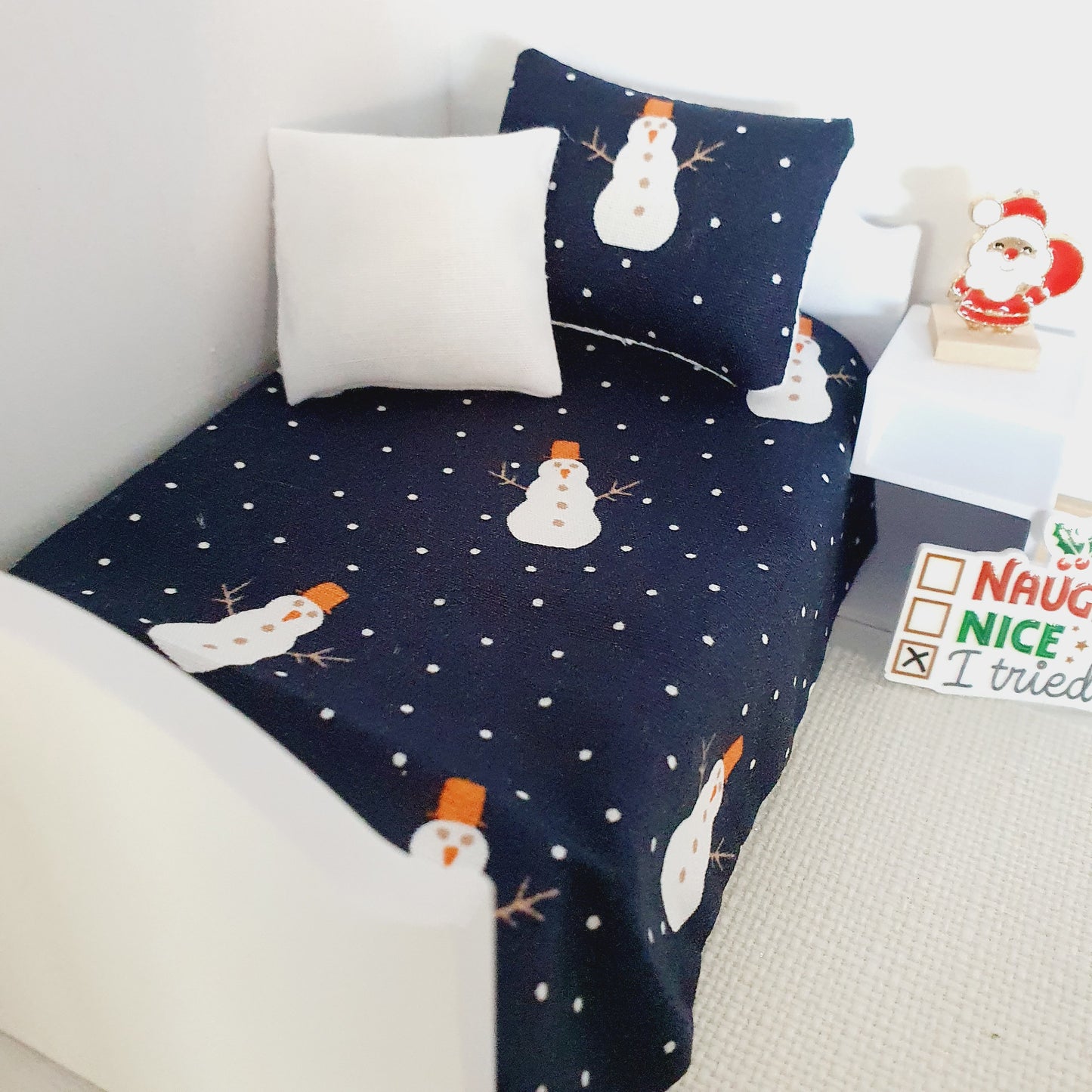 Dolls House Christmas Junior Bedding Set – Snowman & Snowflakes, Handmade in England, 1:12 Scale