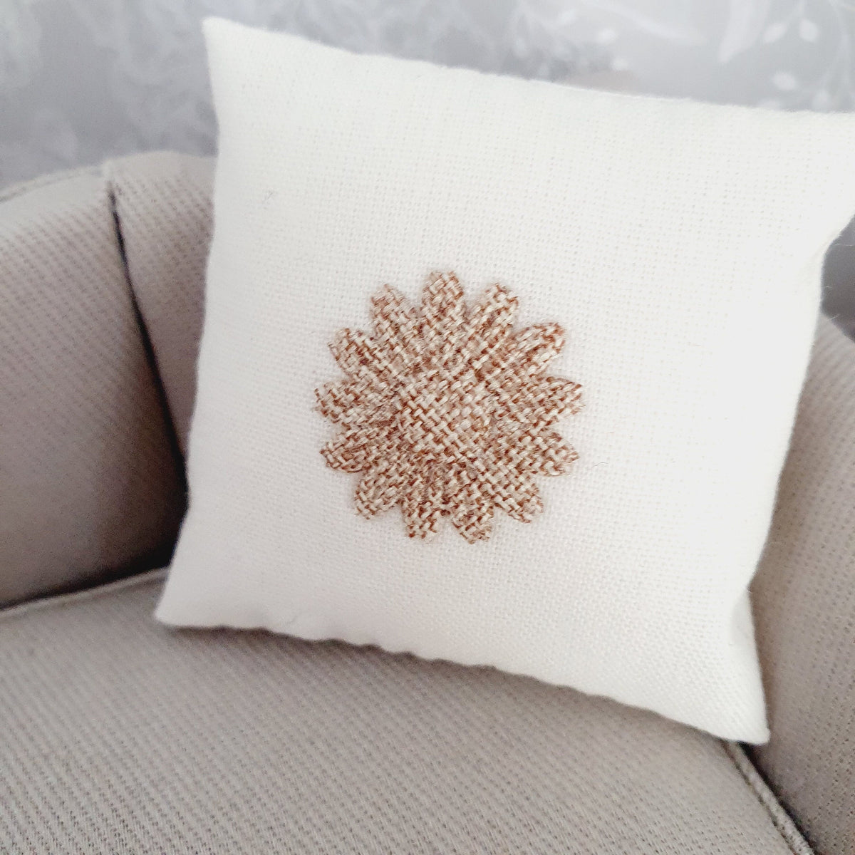 Dolls house Hessian Flower Cushion | Cream Cushion | 12th scale cushions, miniature cushion