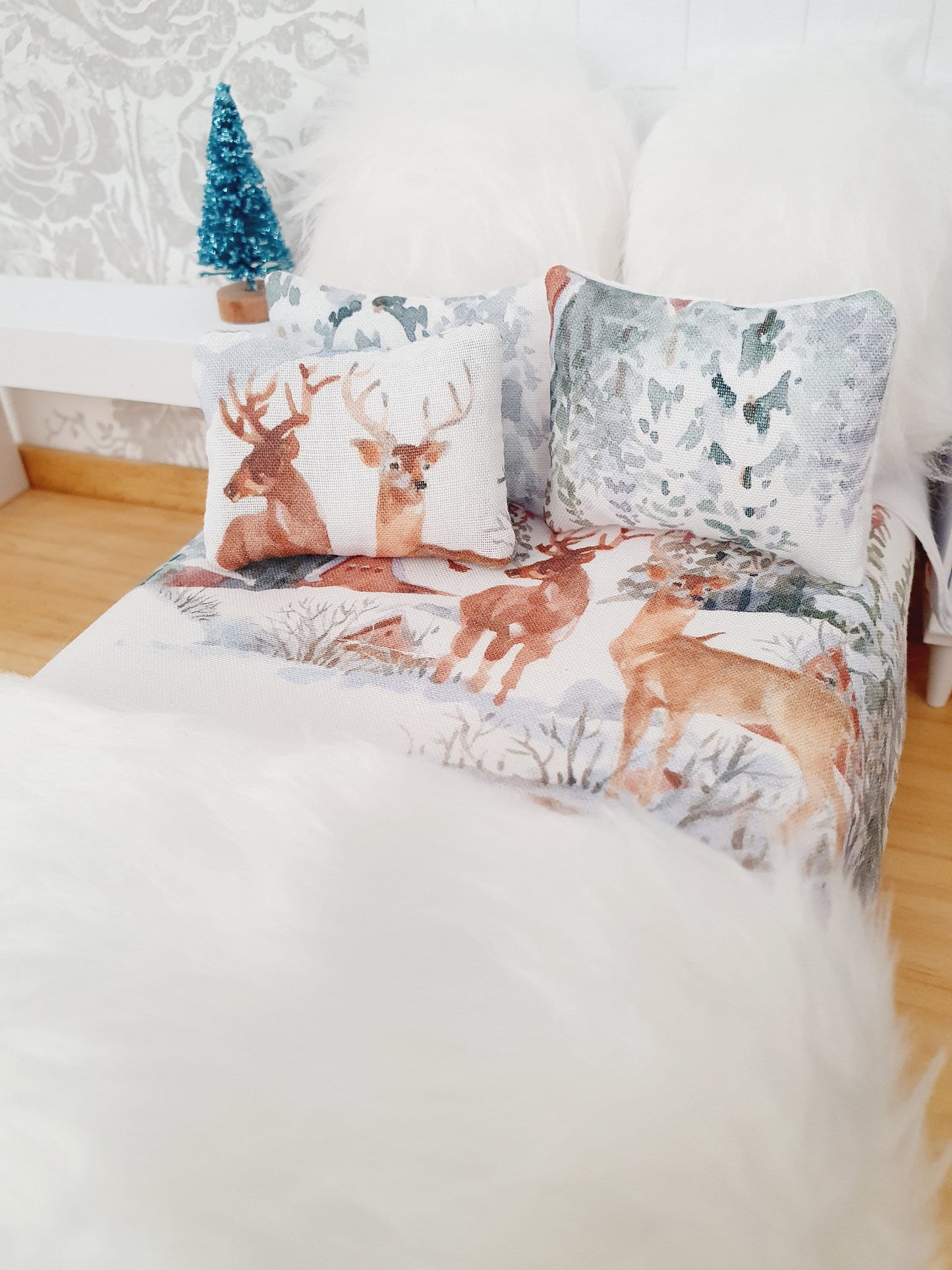 Dolls house Christmas Stag 6 Piece Double Bedding set, Soft Snowy White Fur Cushions & Throw, 12th scale bedding, miniature bed set