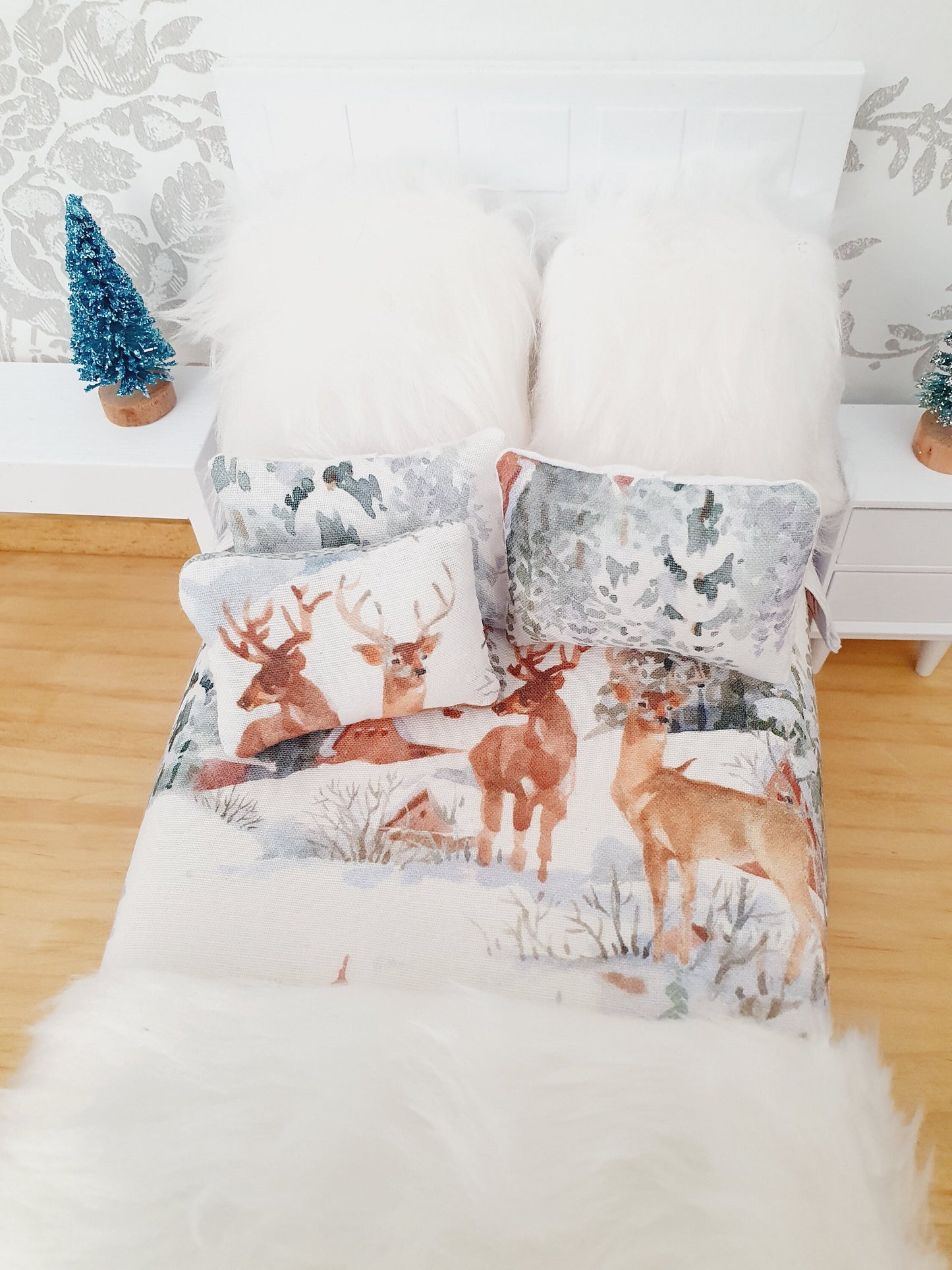 Dolls house Christmas Stag 6 Piece Double Bedding set, Soft Snowy White Fur Cushions & Throw, 12th scale bedding, miniature bed set