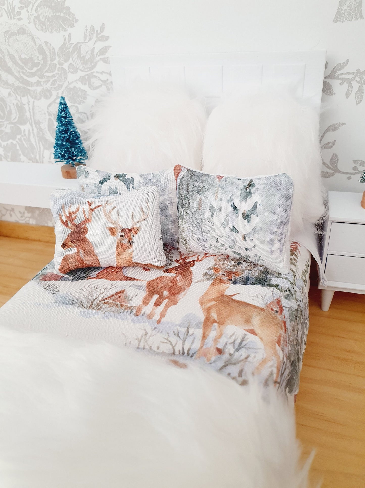 Dolls house Christmas Stag 6 Piece Double Bedding set, Soft Snowy White Fur Cushions & Throw, 12th scale bedding, miniature bed set