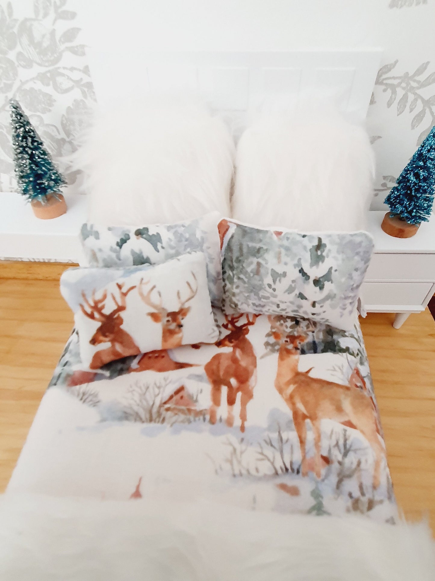Dolls house Christmas Stag 6 Piece Double Bedding set, Soft Snowy White Fur Cushions & Throw, 12th scale bedding, miniature bed set