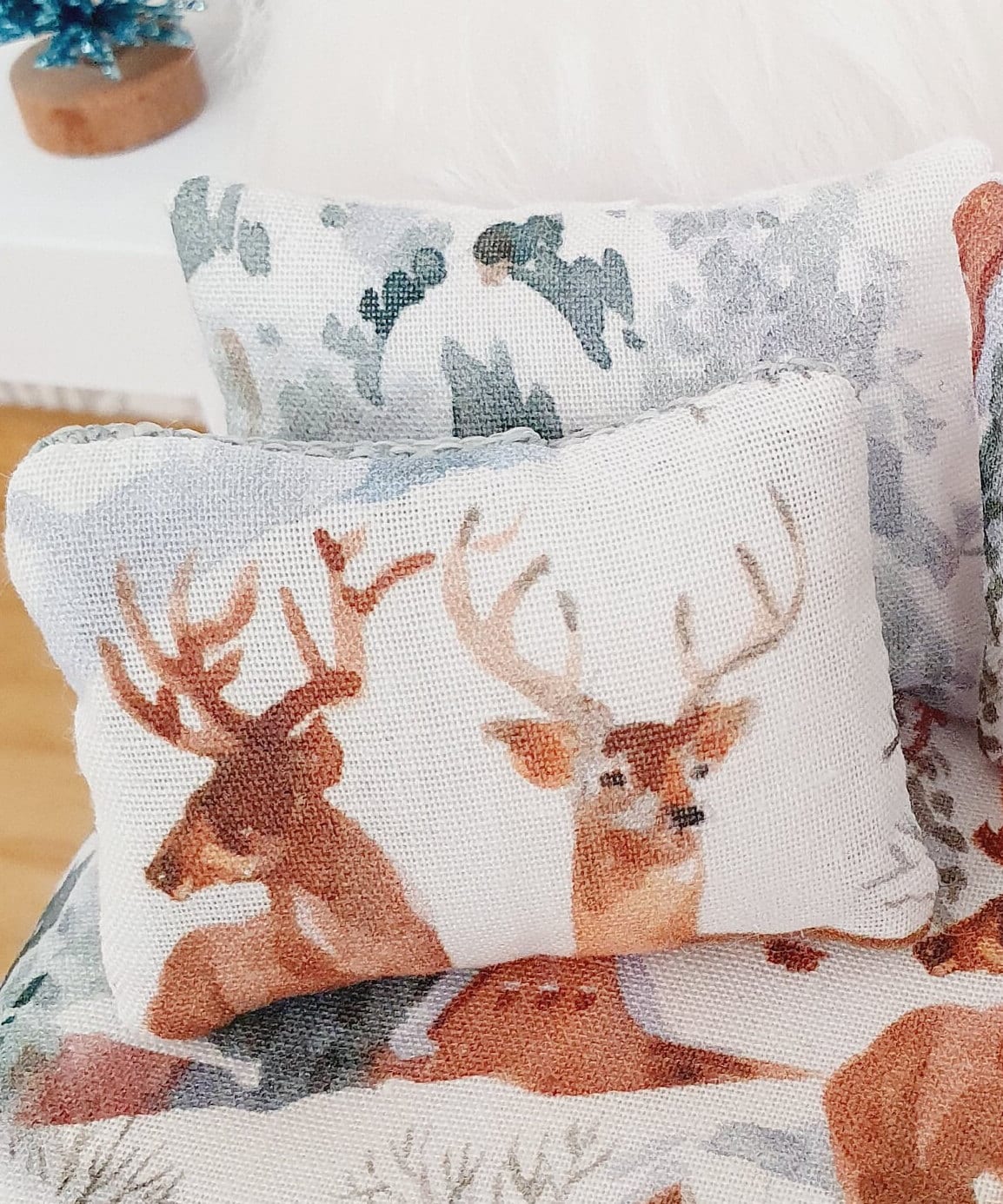 Dolls house Christmas Stag 6 Piece Double Bedding set, Soft Snowy White Fur Cushions & Throw, 12th scale bedding, miniature bed set