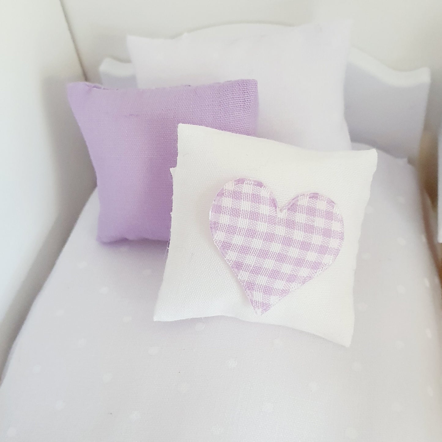 Dolls house 2x Cushions with 1x Lilac, 1x White with Lilac Checked Heart Cushion, 12th scale cushions, miniature cushions