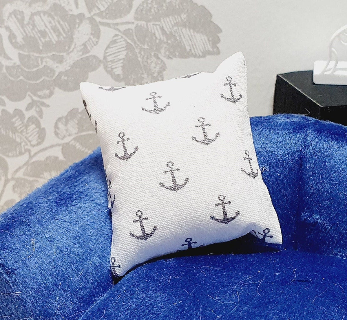 Dolls house Anchor Cushions Pair | White and Grey | 12th Scale Cushions, Miniature Cushions