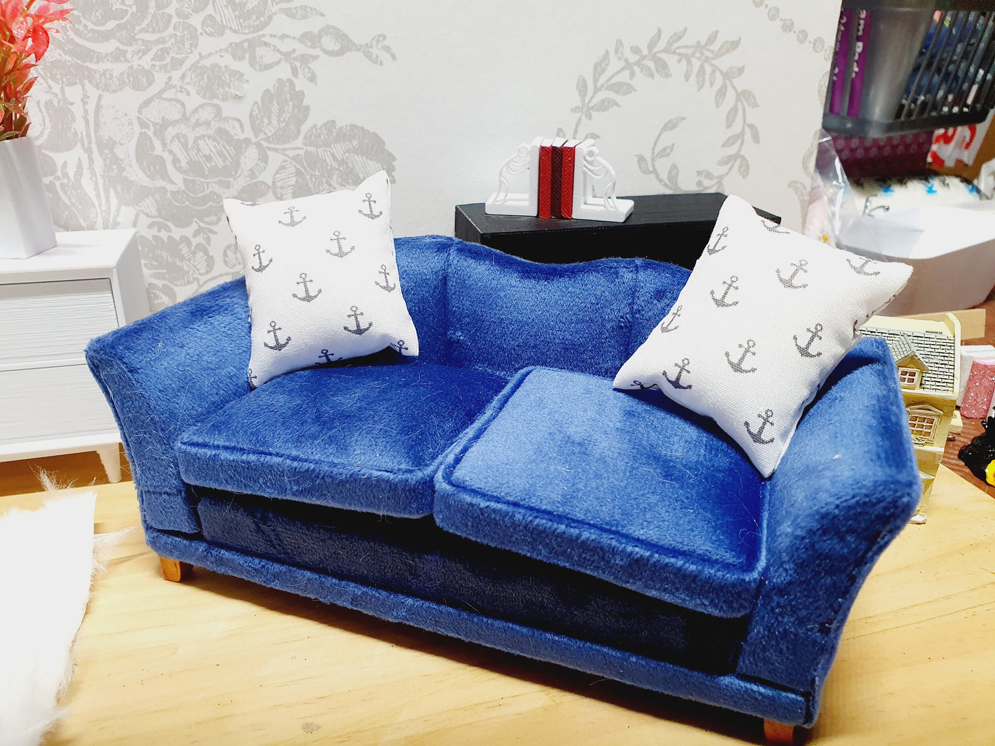 Dolls house Anchor Cushions Pair | White and Grey | 12th Scale Cushions, Miniature Cushions