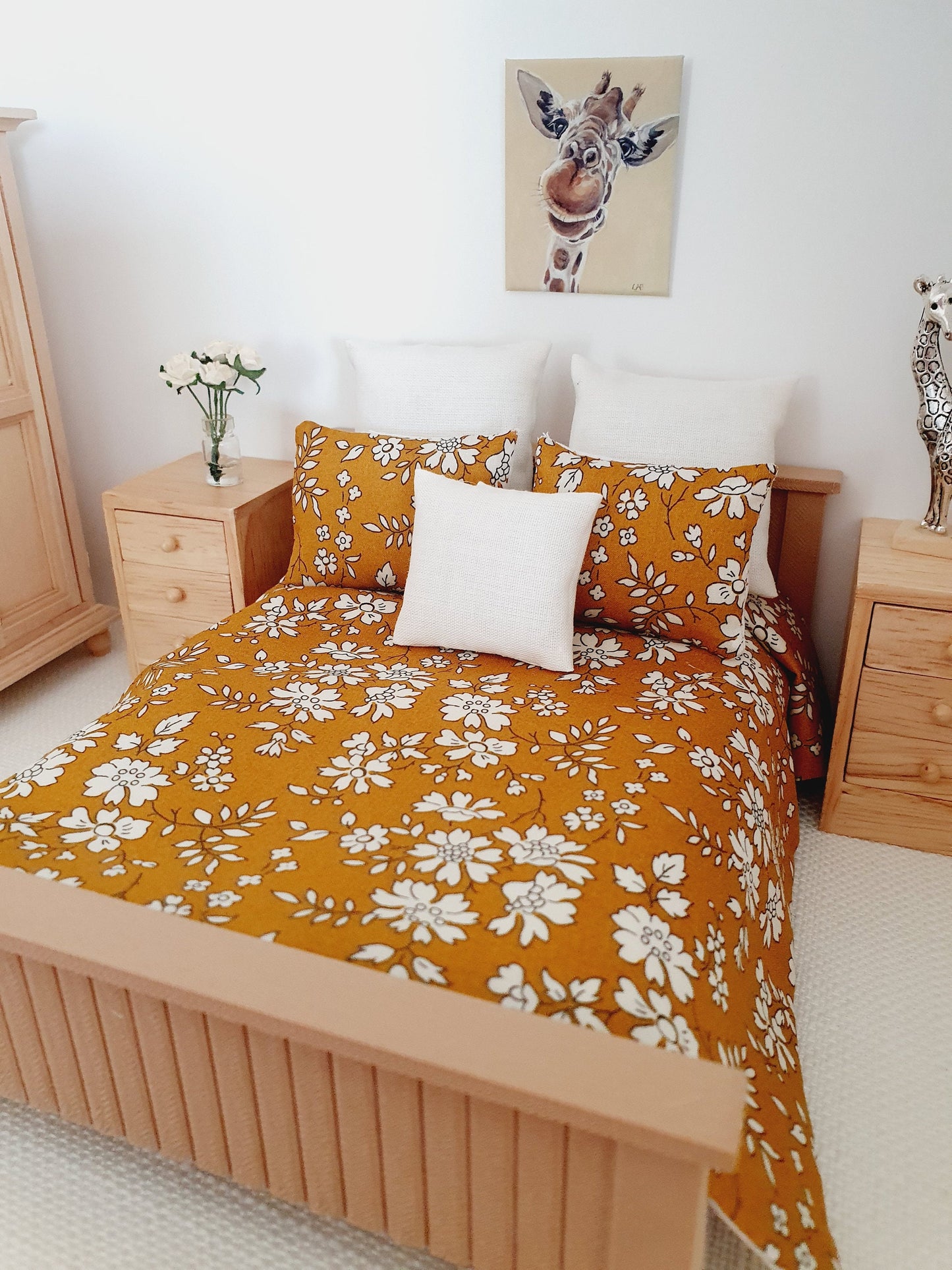 Dolls house 6 piece set, Double bedding, Liberty Mustard floral print, 12th scale bedding, miniature bed set