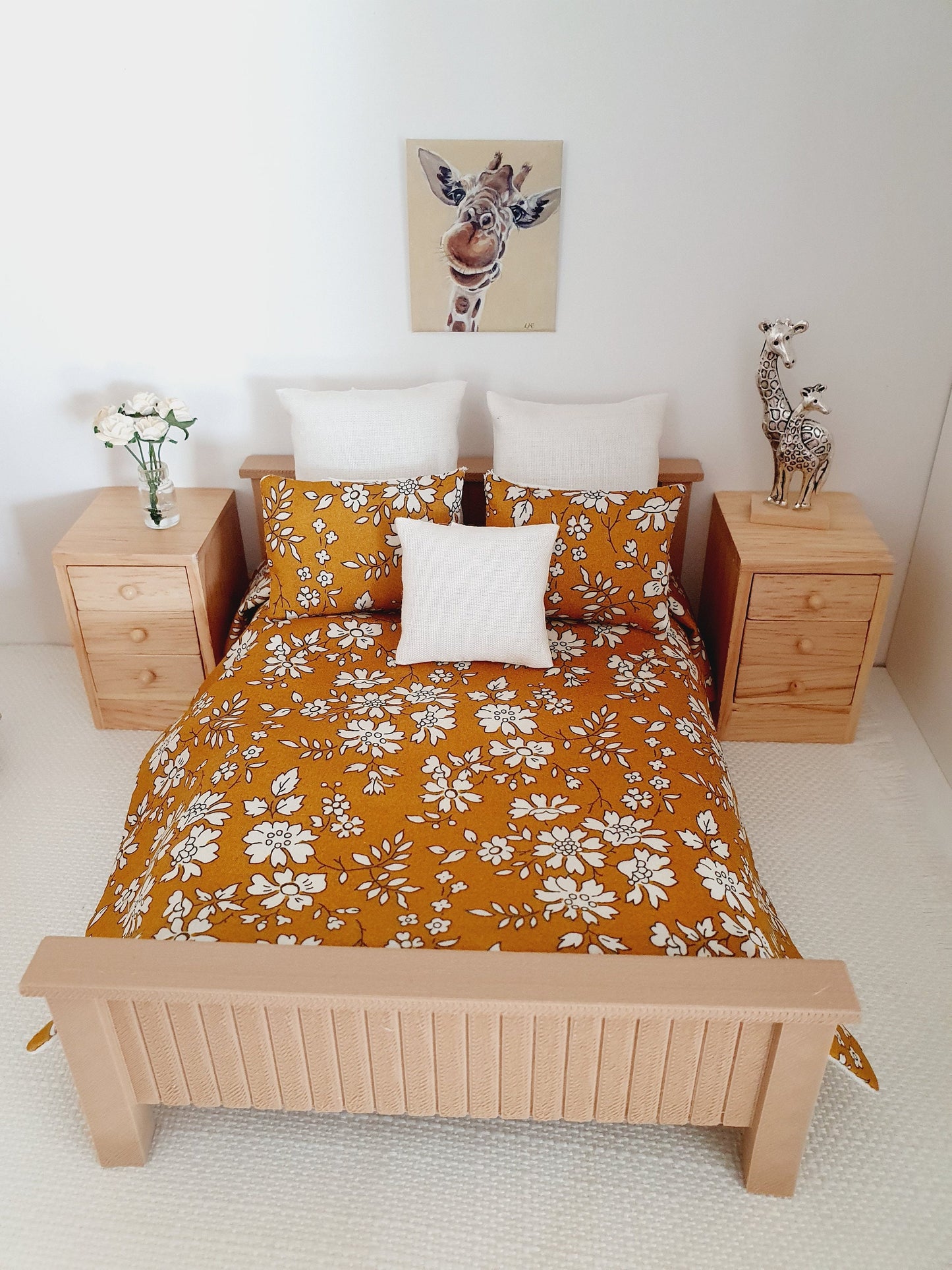 Dolls house 6 piece set, Double bedding, Liberty Mustard floral print, 12th scale bedding, miniature bed set