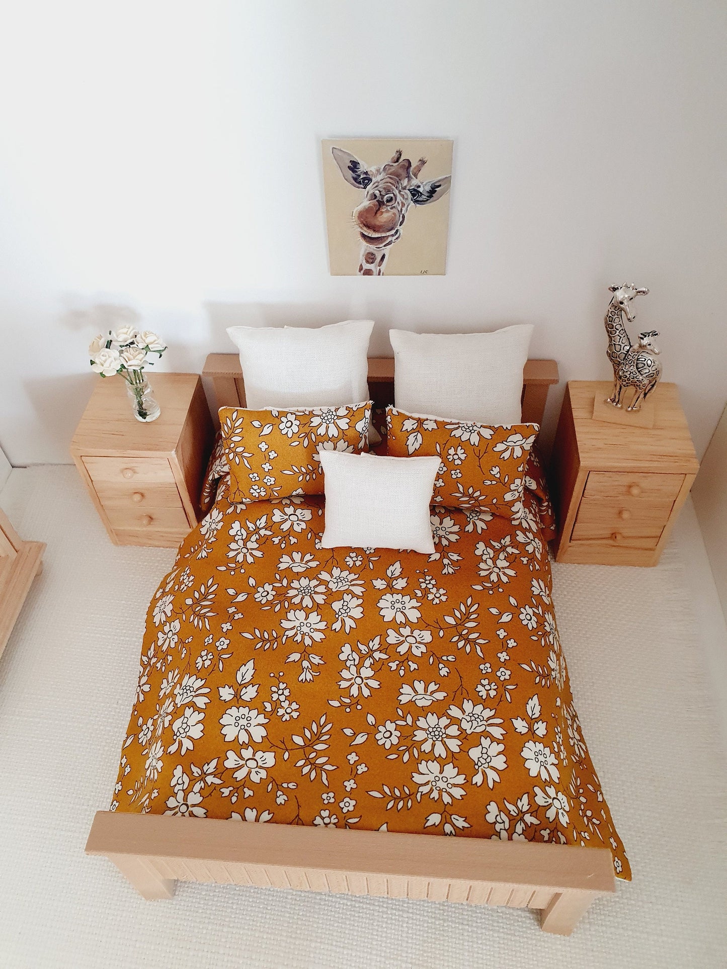 Dolls house 6 piece set, Double bedding, Liberty Mustard floral print, 12th scale bedding, miniature bed set