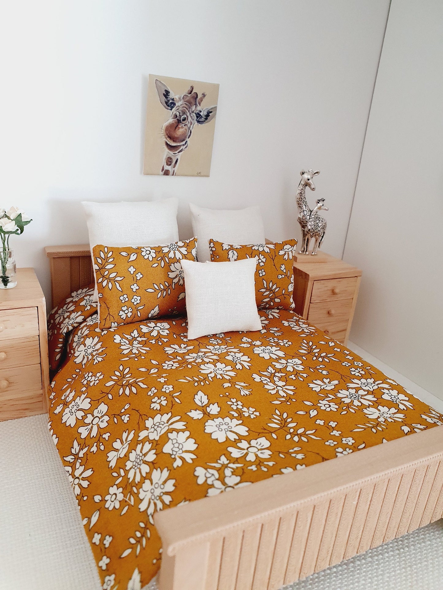 Dolls house 6 piece set, Double bedding, Liberty Mustard floral print, 12th scale bedding, miniature bed set