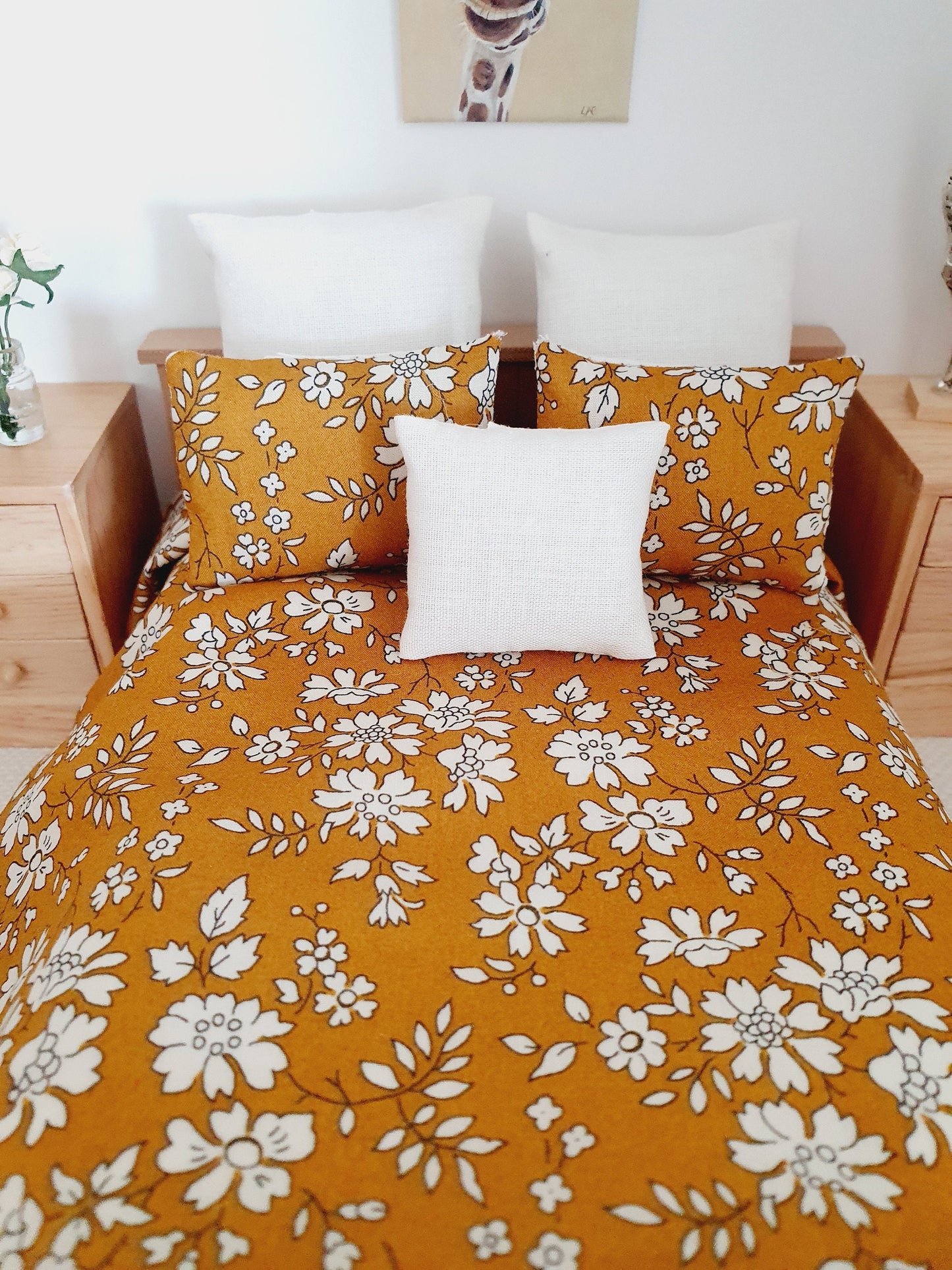 Dolls house 6 piece set, Double bedding, Liberty Mustard floral print, 12th scale bedding, miniature bed set