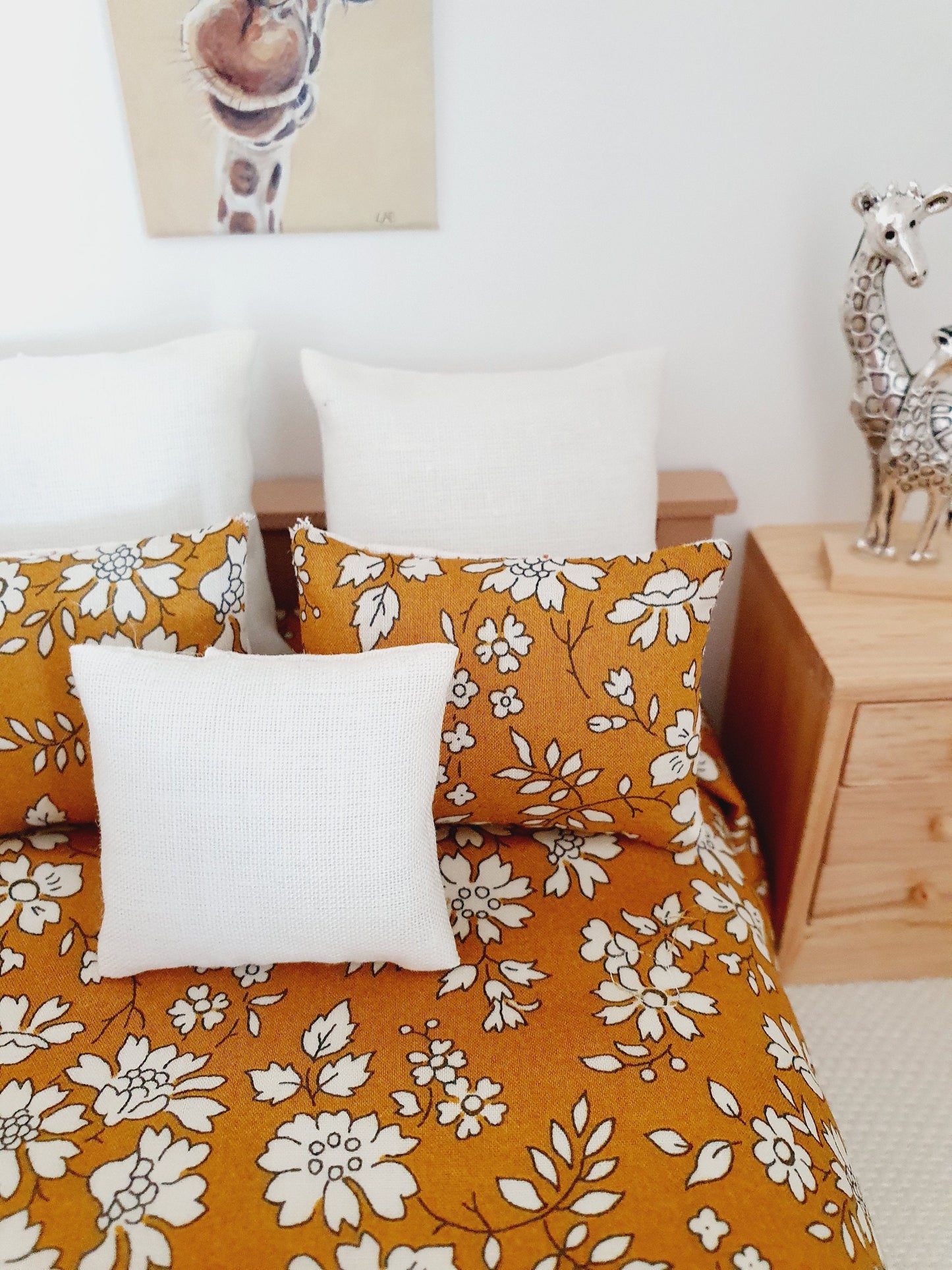 Dolls house 6 piece set, Double bedding, Liberty Mustard floral print, 12th scale bedding, miniature bed set
