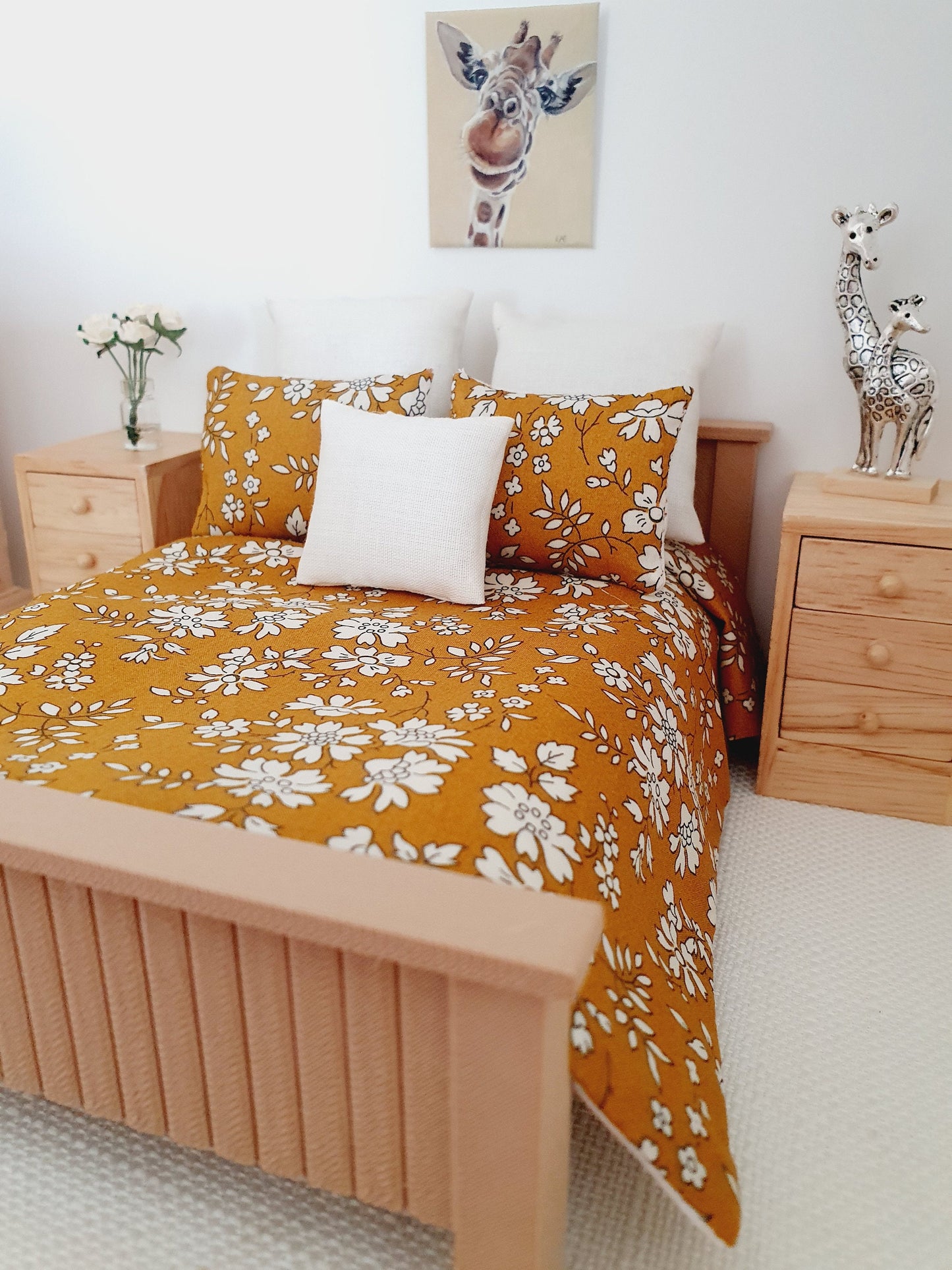 Dolls house 6 piece set, Double bedding, Liberty Mustard floral print, 12th scale bedding, miniature bed set