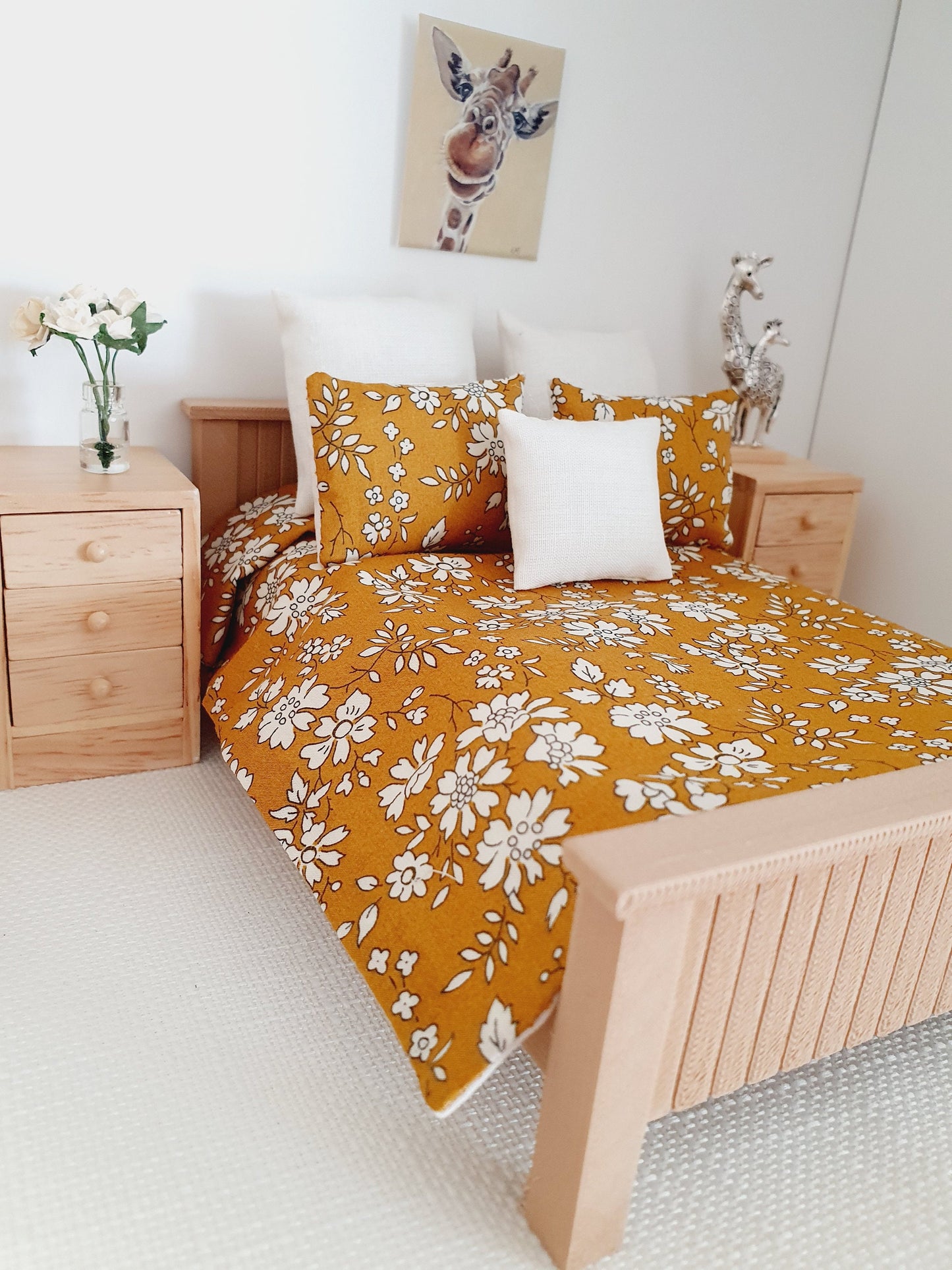 Dolls house 6 piece set, Double bedding, Liberty Mustard floral print, 12th scale bedding, miniature bed set
