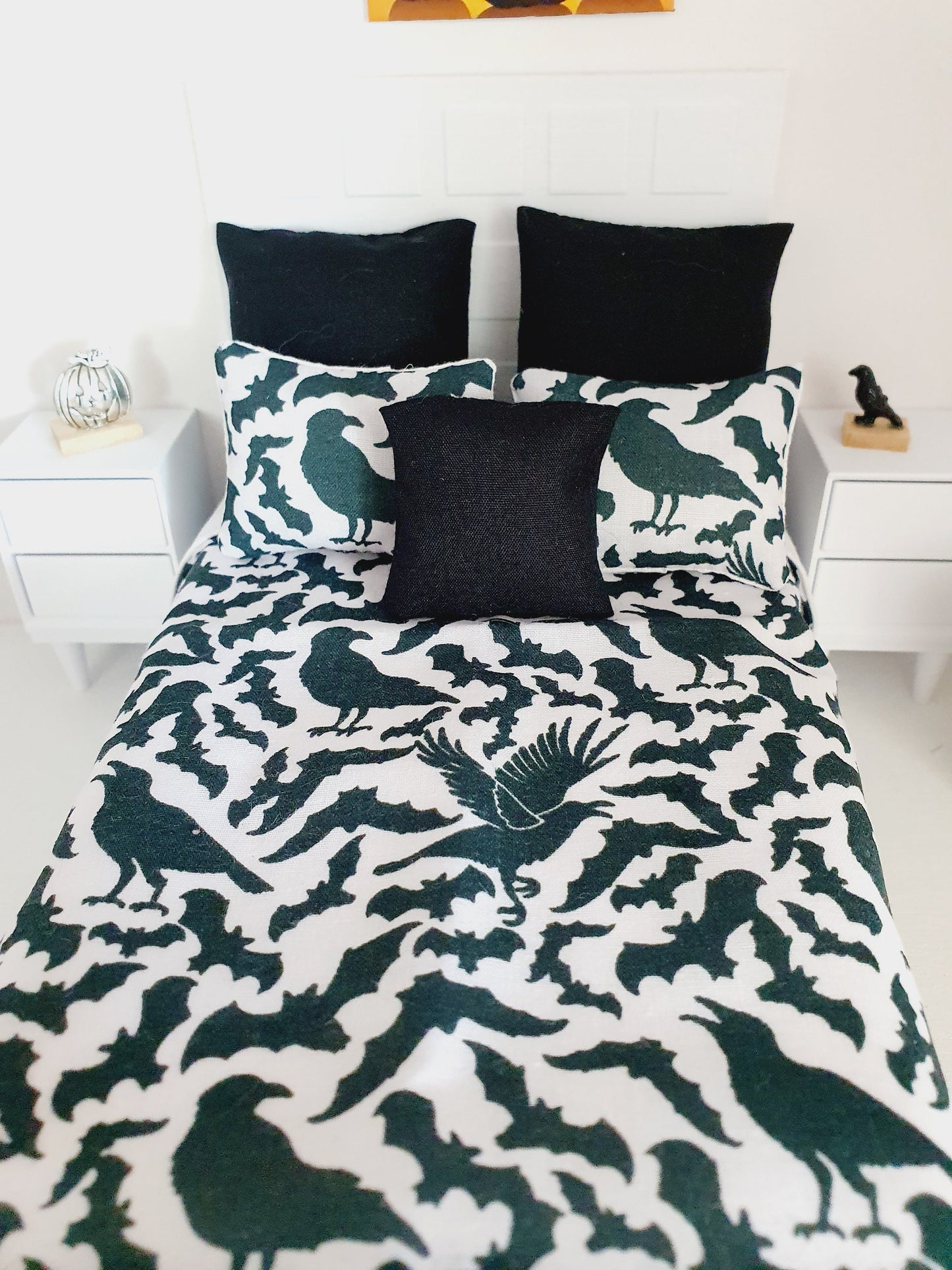 Dolls house Halloween 6 piece set, Double bedding, Black Crow print, 12th scale bedding, miniature bed set