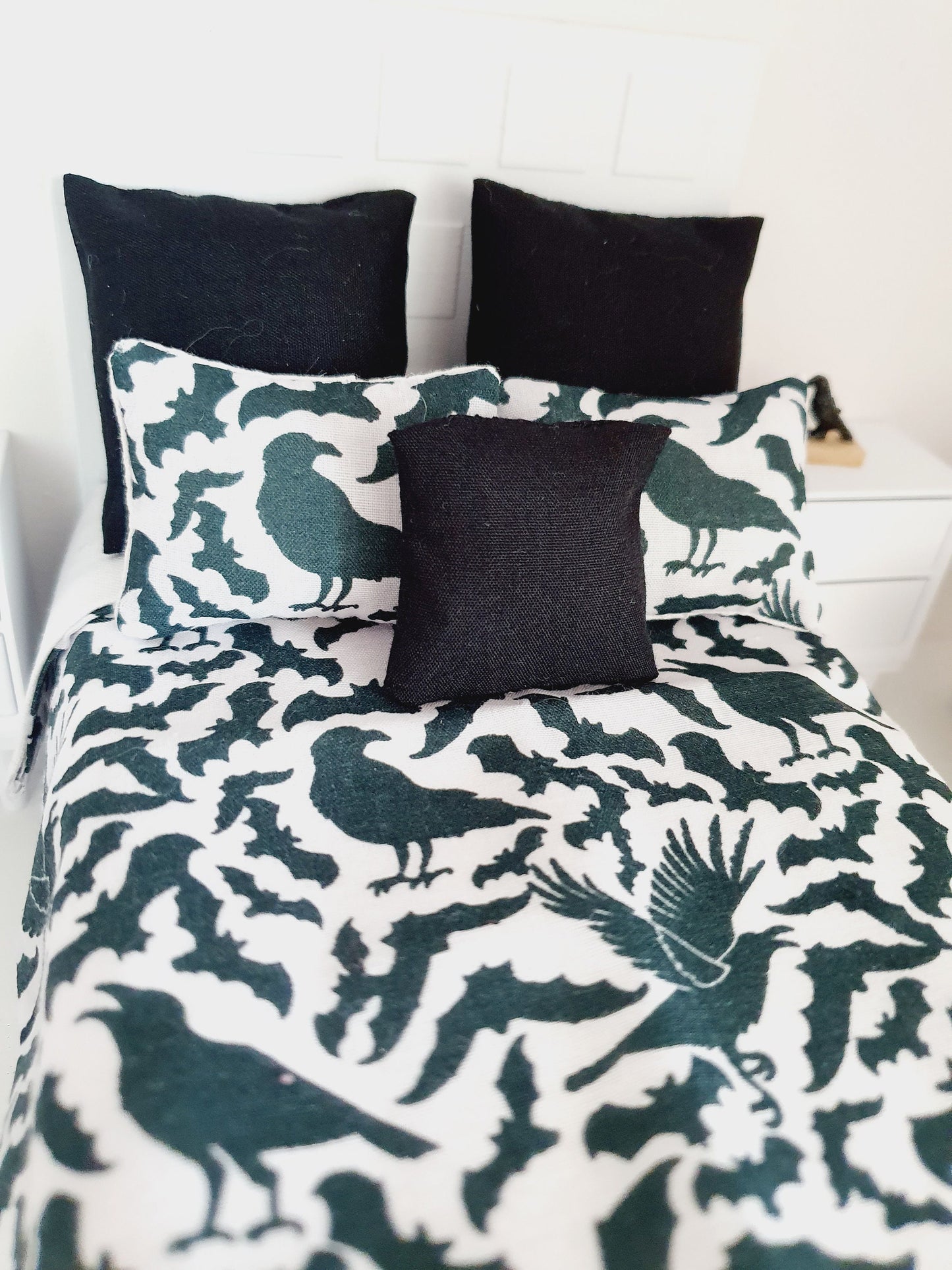 Dolls house Halloween 6 piece set, Double bedding, Black Crow print, 12th scale bedding, miniature bed set