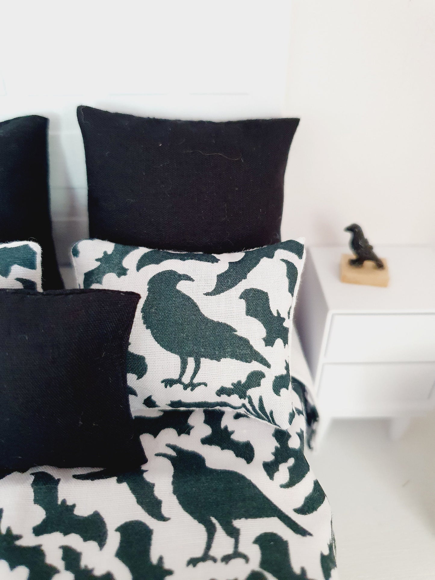 Dolls house Halloween 6 piece set, Double bedding, Black Crow print, 12th scale bedding, miniature bed set