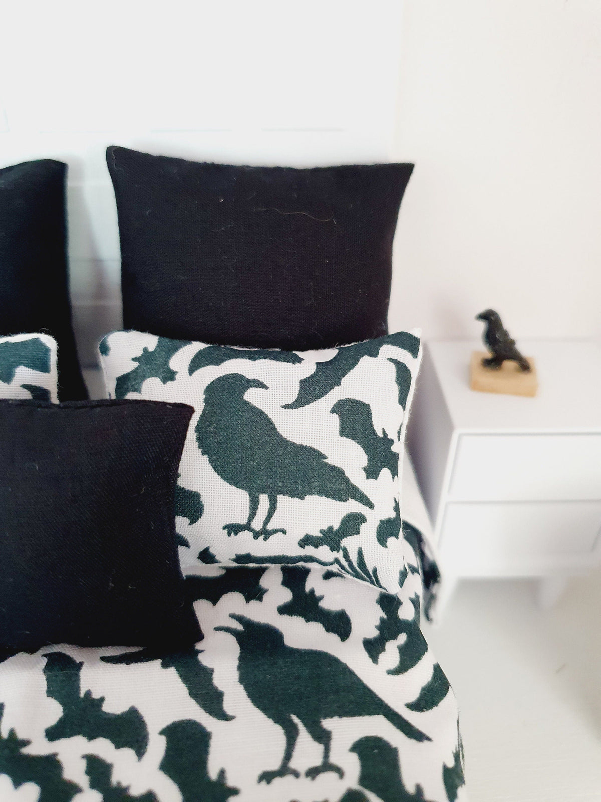 Dolls house Halloween 6 piece set, Double bedding, Black Crow print, 12th scale bedding, miniature bed set