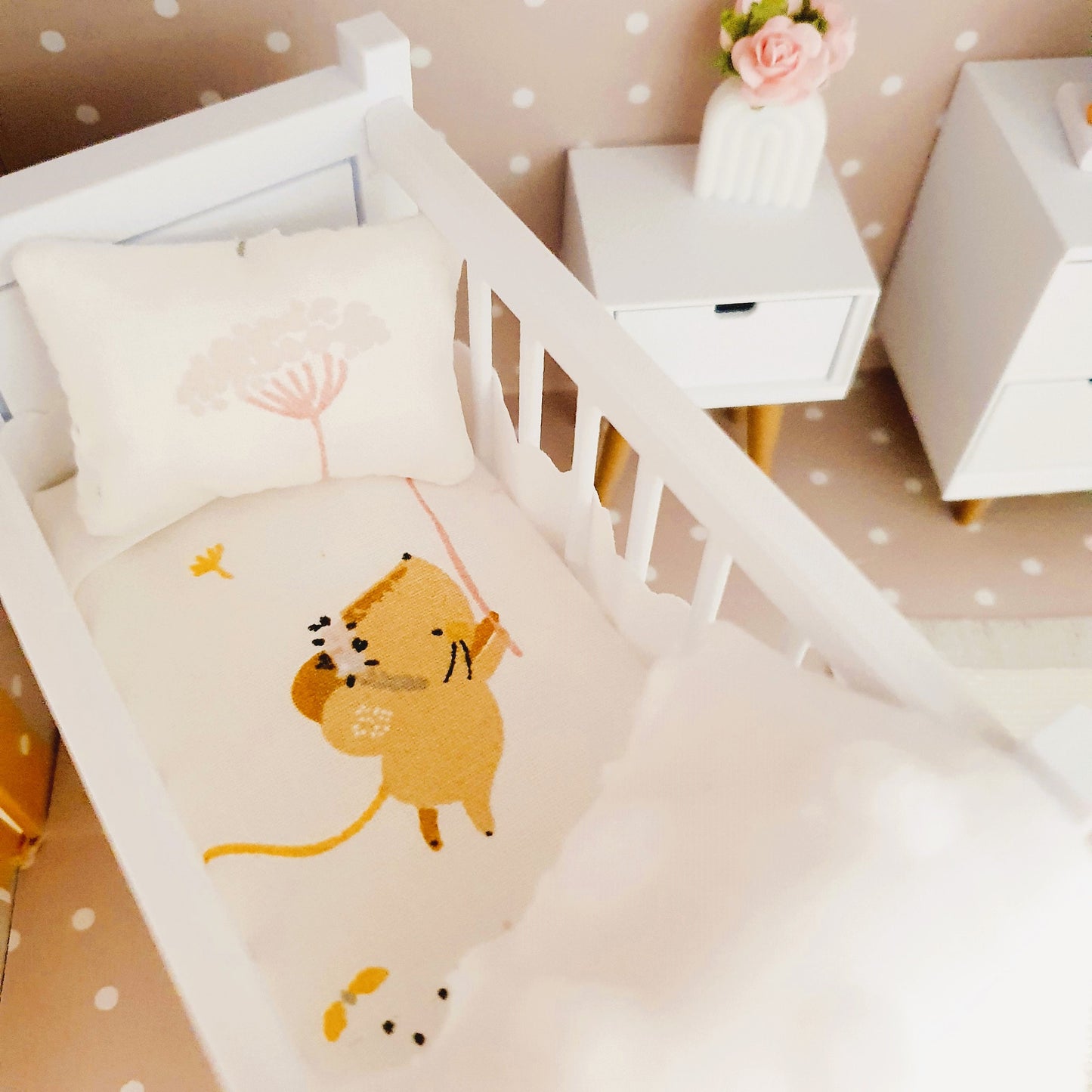 Dolls House Little Mouse Cot Bedding, 12th scale miniature bedding