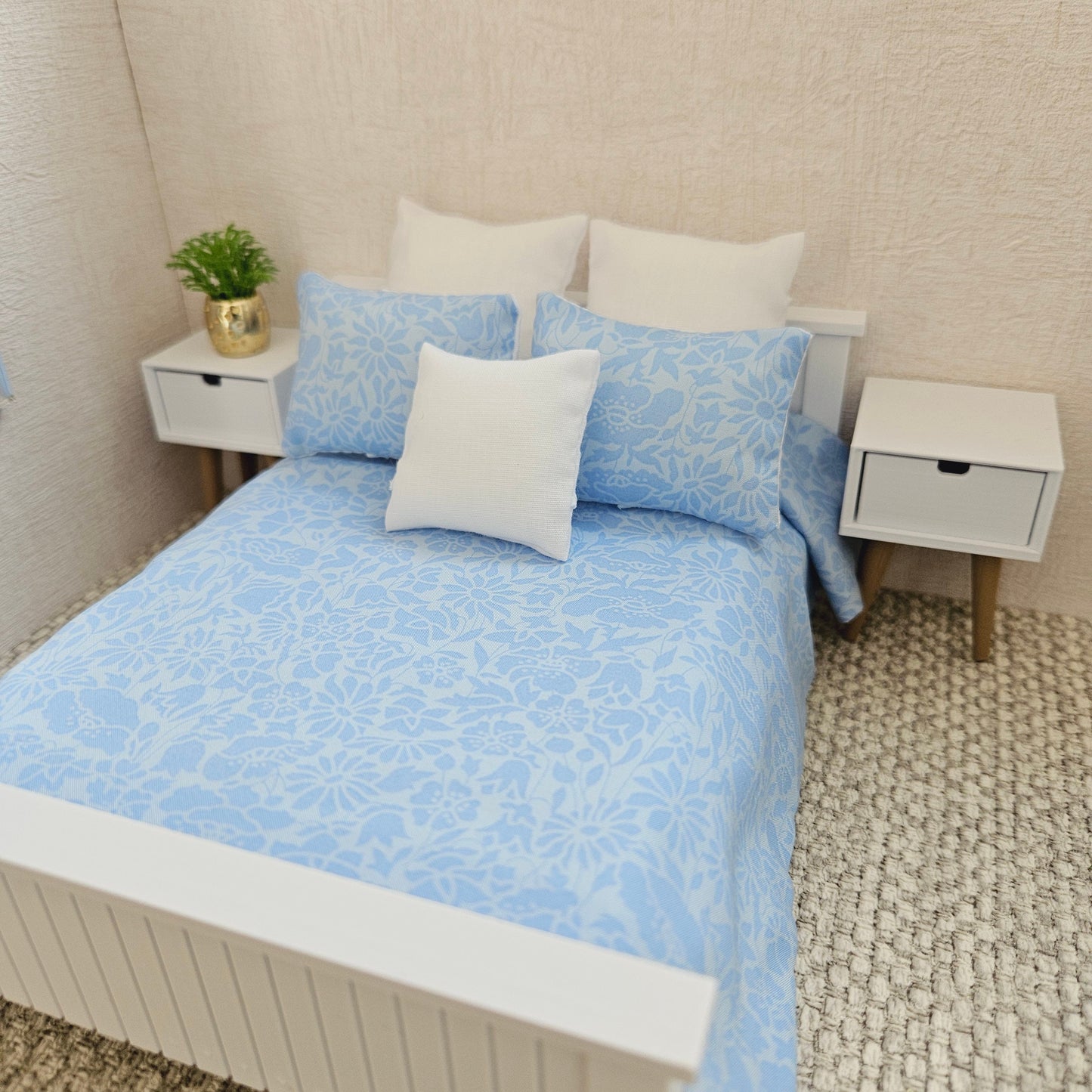 Dolls house 6 piece set, Double bedding, Liberty Blue floral print, 12th scale bedding, miniature bed set