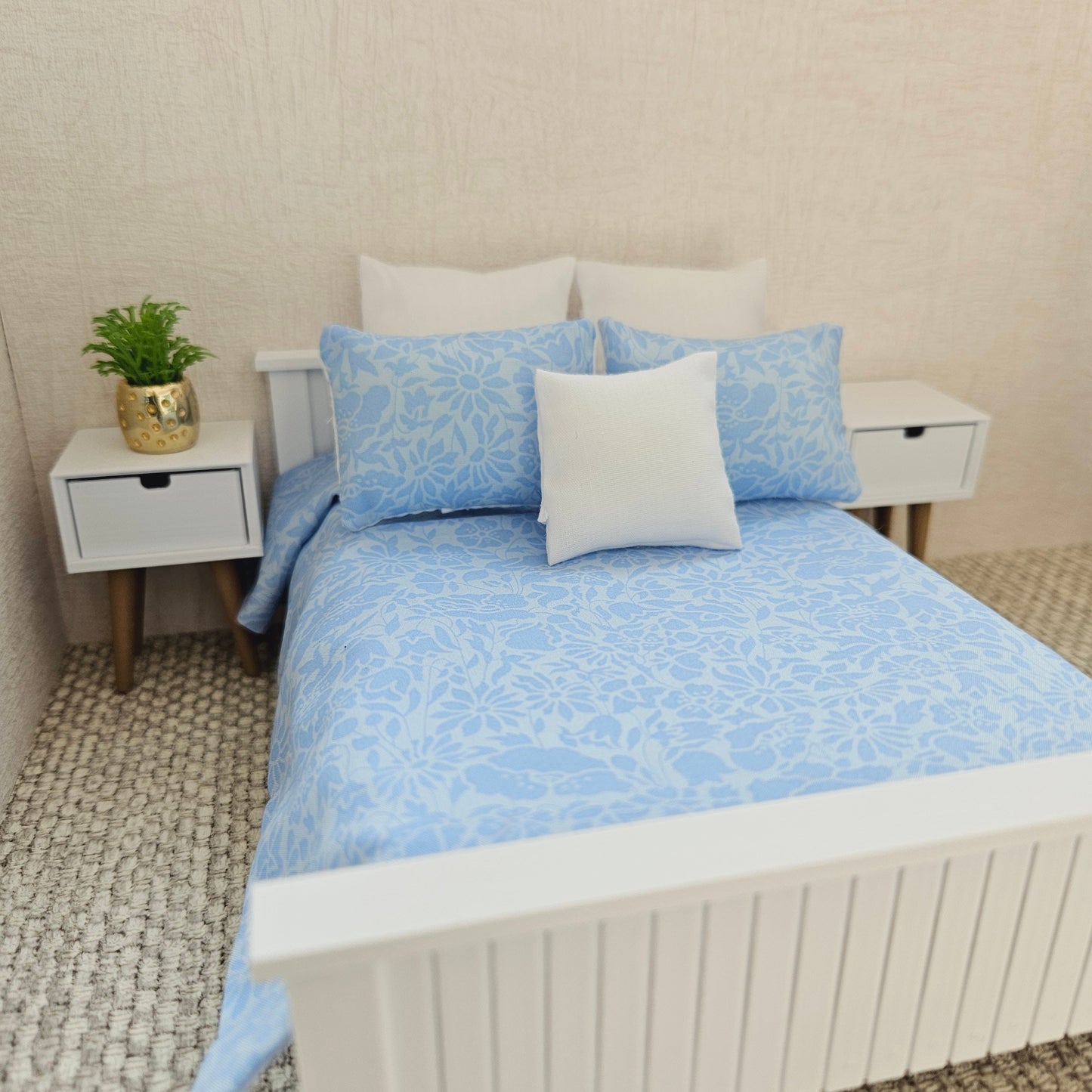 Dolls house 6 piece set, Double bedding, Liberty Blue floral print, 12th scale bedding, miniature bed set
