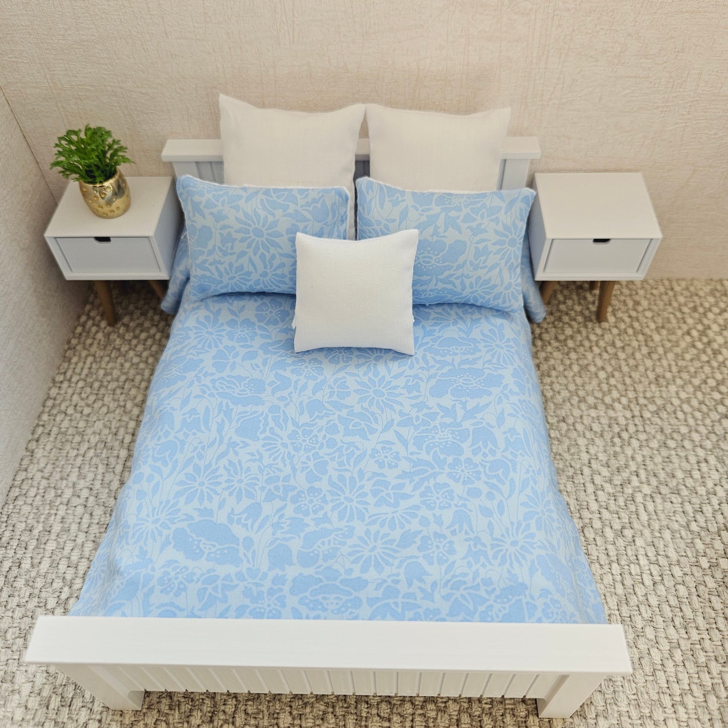Dolls house 6 piece set, Double bedding, Liberty Blue floral print, 12th scale bedding, miniature bed set