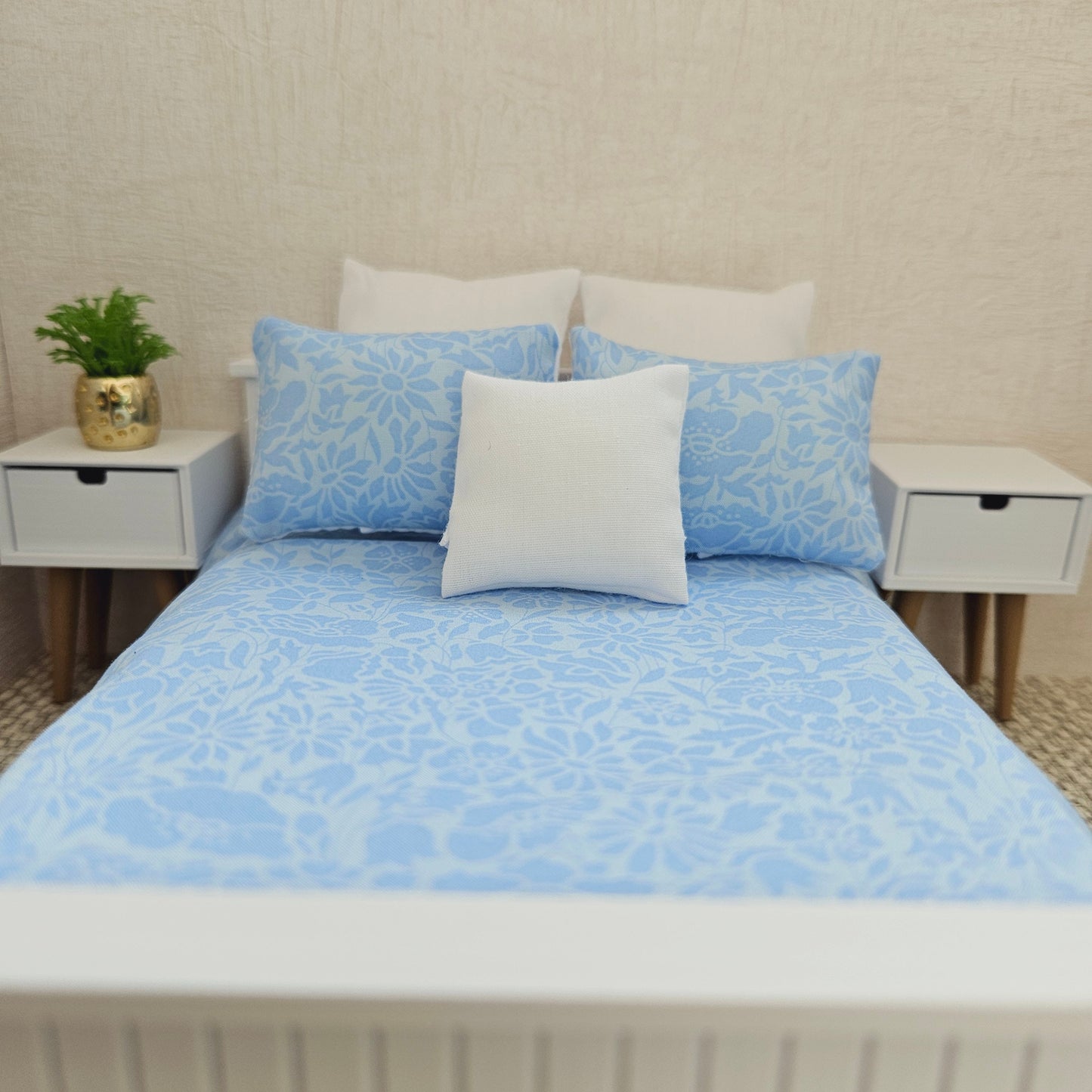Dolls house 6 piece set, Double bedding, Liberty Blue floral print, 12th scale bedding, miniature bed set
